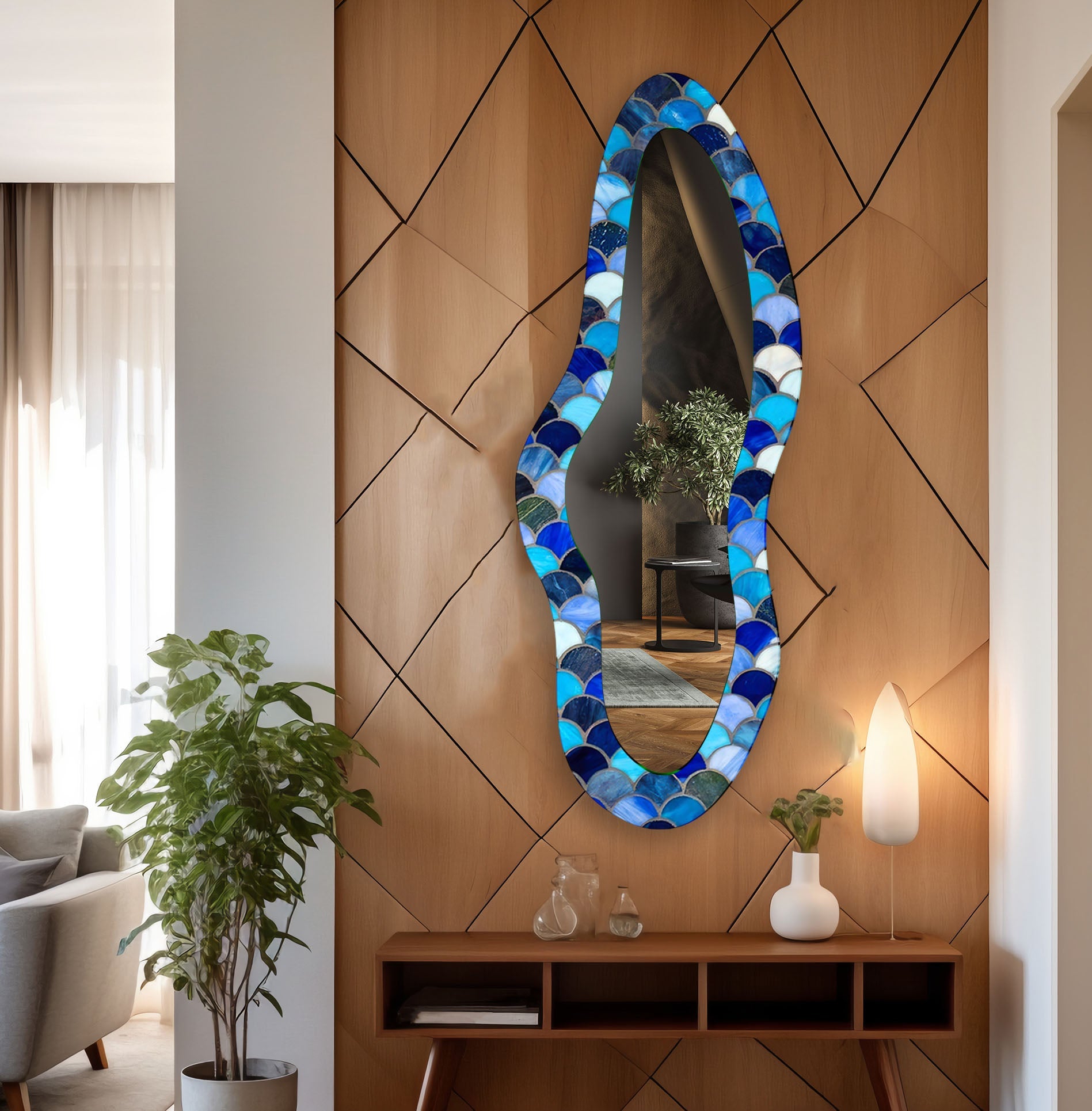 Handmade Blue Stained Irregular Long Glass Wall Mirror - Unique Boho Decor for Living Room, Bedroom & Entryway