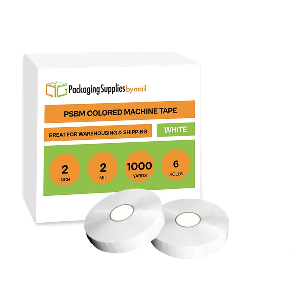 PSBM White Packing Tape for Machine Dispensers - 2 Inch x 1000 Yards, 6 Pack - Colored Packaging Tape for Electronic Tape Dispenser Refill - Commercial & Industrial Shipping Supplies - Perfect for Warehouse, Office, and E-commerce Packaging