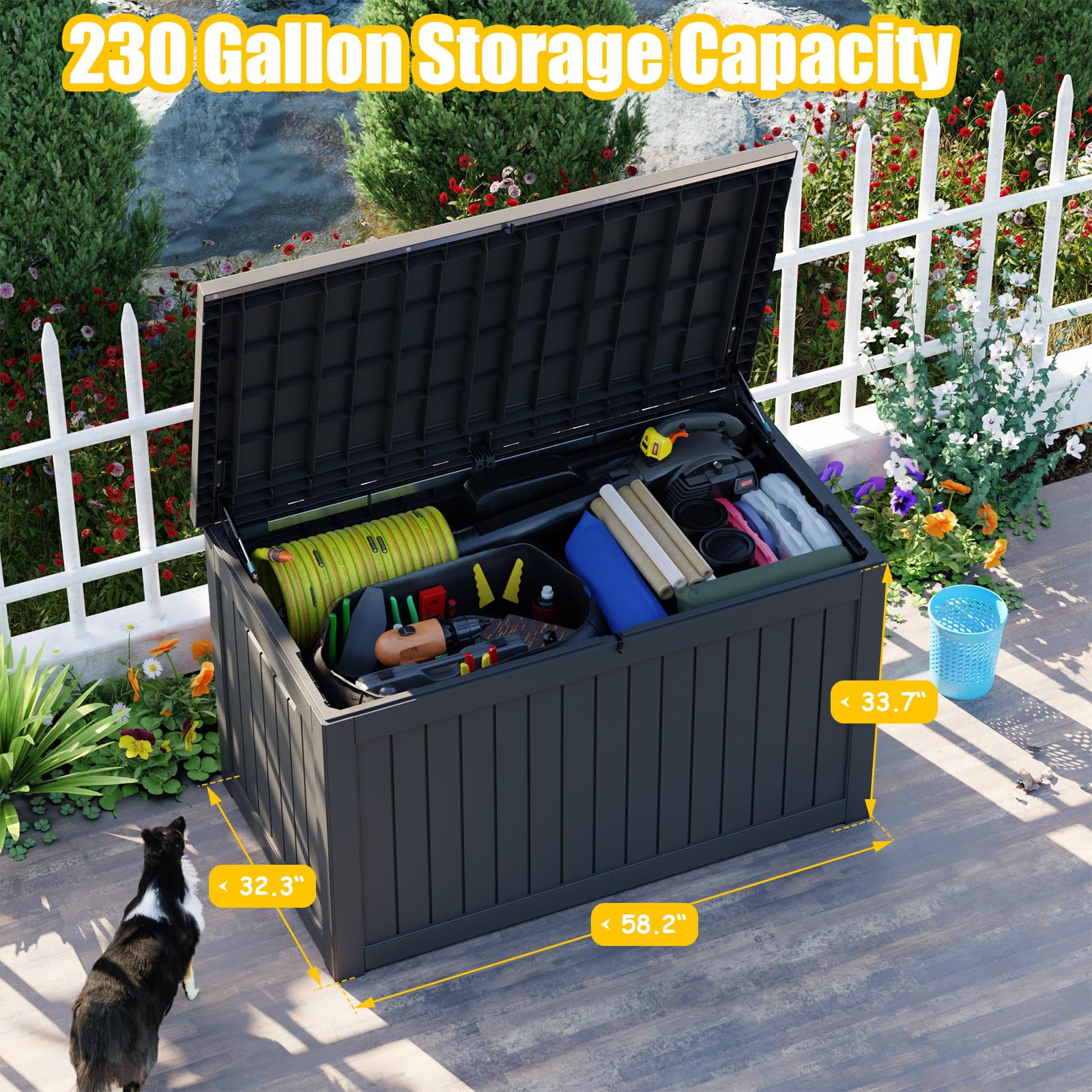 230 Gallon Large Waterproof Deck Box - Outdoor Storage Container for Patio Furniture, Pool Accessories & More - UV Resistant, Lockable & Weatherproof Resin - Perfect for Backyard, Garden & Poolside Storage (Black)