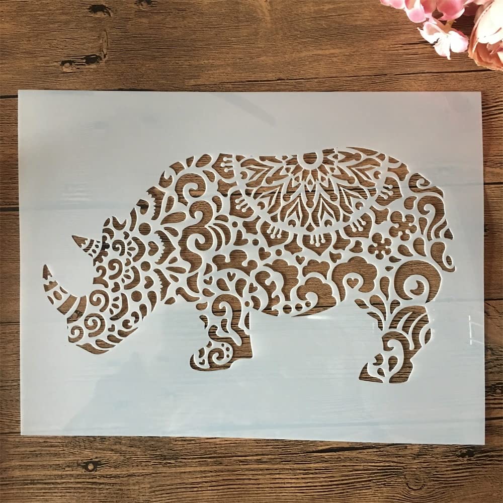 35x26cm Large Mandala Rhinoceros Reusable Stencil for Painting - DIY Art, Wall Decor, Fabric & Wood Crafts - Perfect for Home Decoration, Scrapbooking & Gift Making
