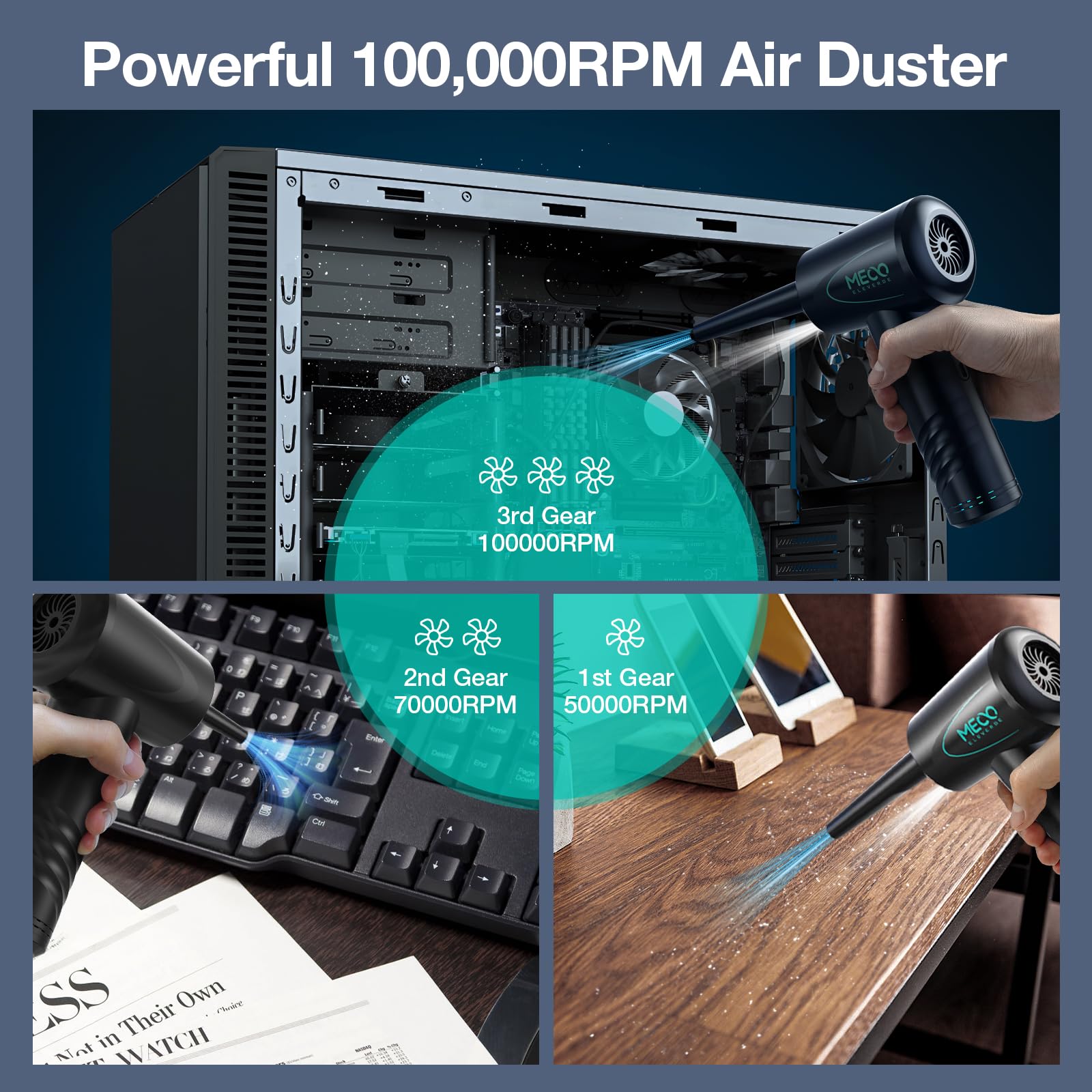 Electric Air Duster for Electronics - 100,000 RPM Cordless Compressed Air Blower, Reusable Keyboard Cleaner for PC, Laptop, Home & Office - 2-Hour Fast Charge - Perfect for Cleaning Computers, Keyboards, Electronics & Hard-to-Reach Areas