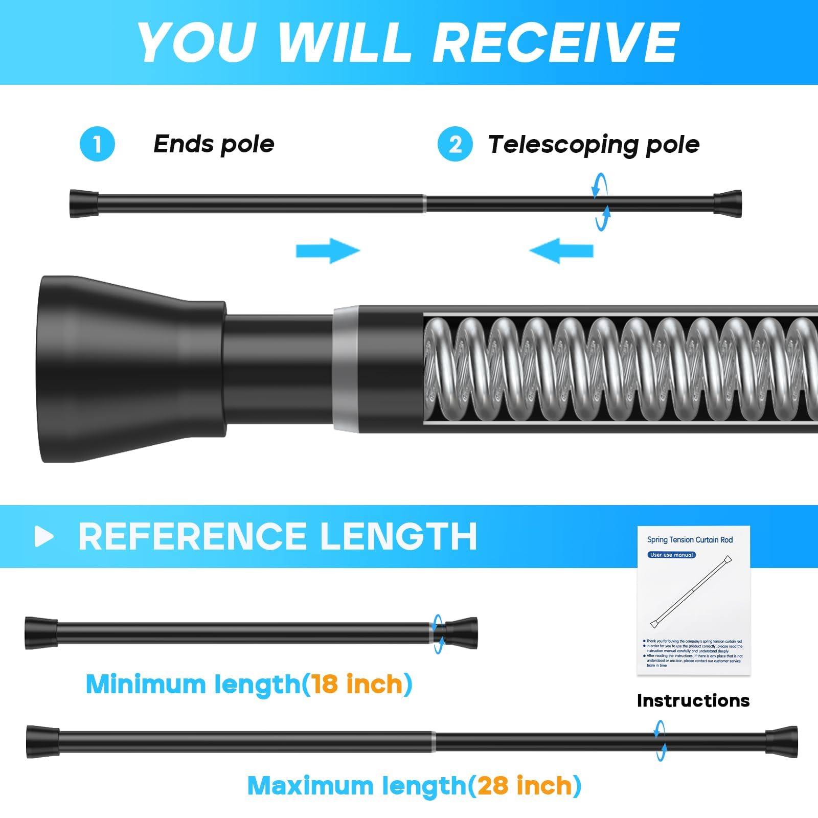 Adjustable Tension Rod 18-28 Inch - No Drill Black Spring Curtain Rod for Bookshelf, Kitchen, Cupboard, Bathroom & Wardrobe (2 Pack) - Perfect for DIY Projects, Window Treatments & Space Organization
