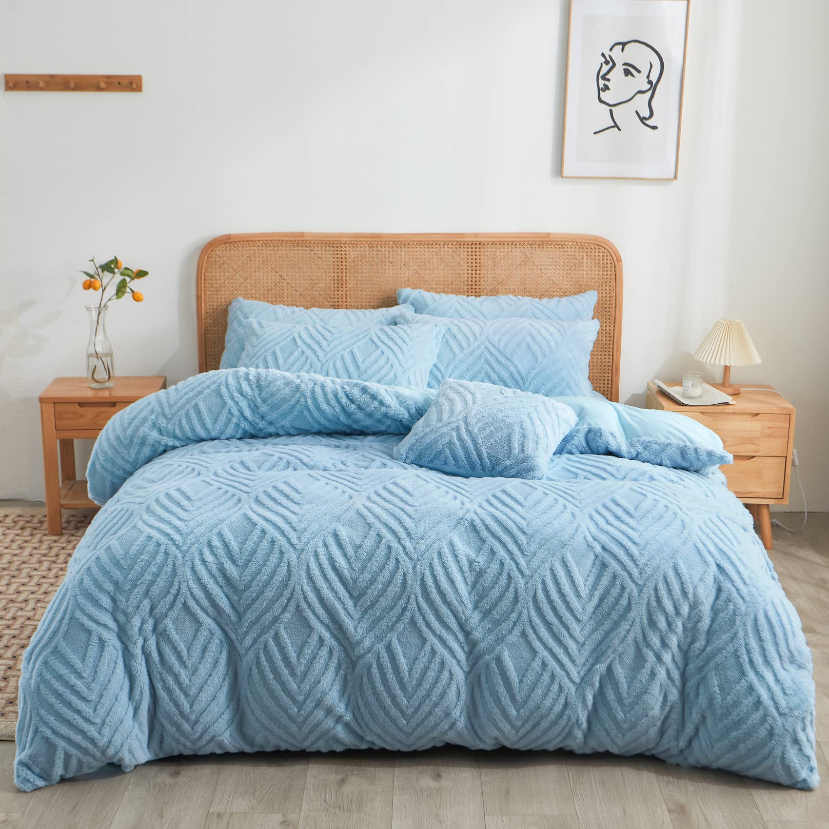 Blue Fluffy Comforter Queen Set - Plush Chenille Palm Floral Sherpa Bedding (1 Queen Comforter + 2 Faux Fur Pillowcases) | Ultra Soft Light Blue Fuzzy Blanket for Cozy Bedroom Decor & Winter Warmth