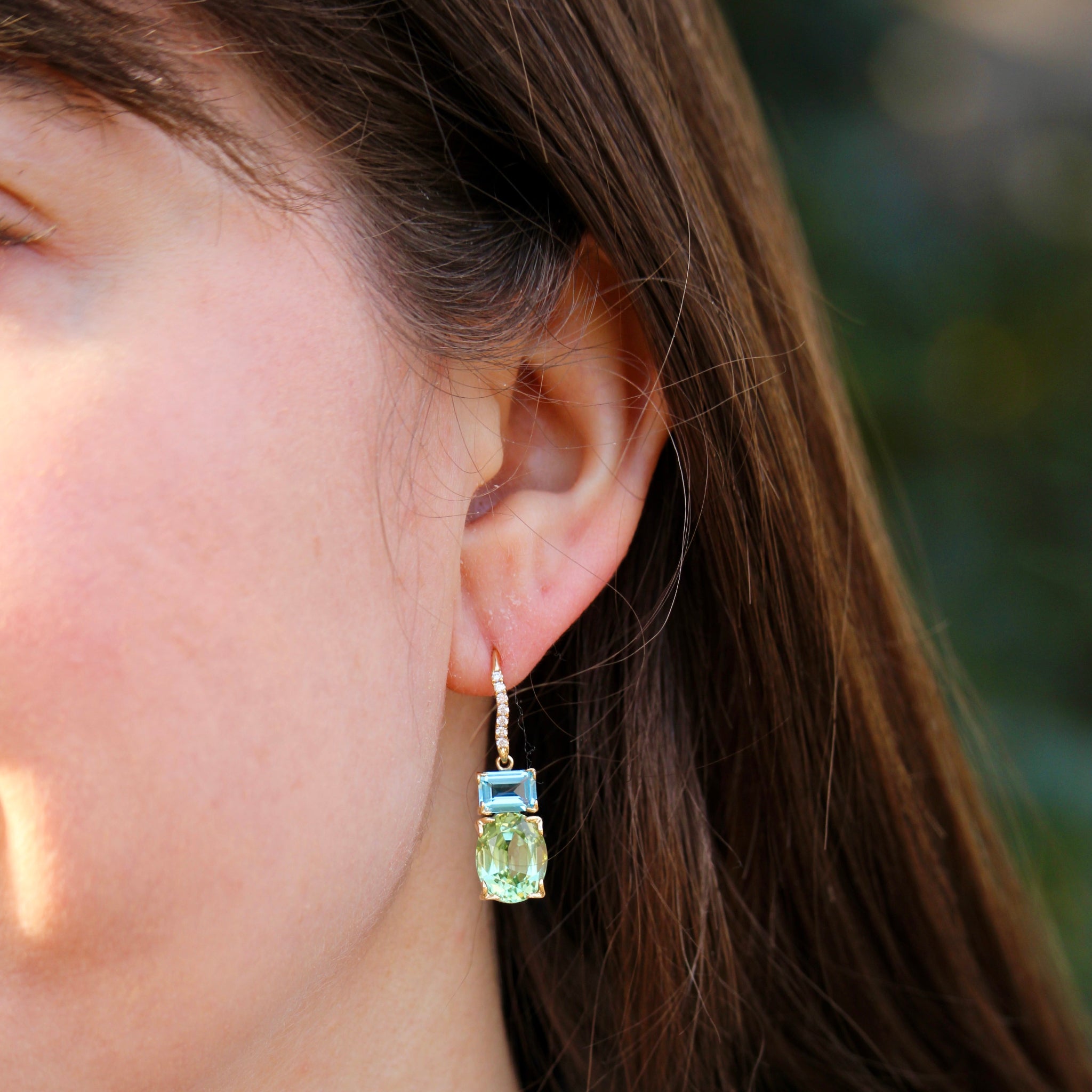 14K Gold Green Tourmaline & Blue Topaz Dangle Earrings - Elegant River Design for Women, Perfect for Weddings, Parties & Special Occasions