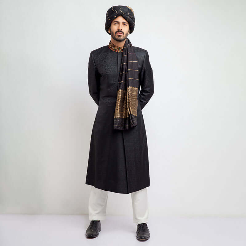 Luxury Jet Black Pure Jamavar Silk Sherwani for Men - Handcrafted Indian Wedding Attire - Perfect for Grooms, Gala Events & Cultural Celebrations