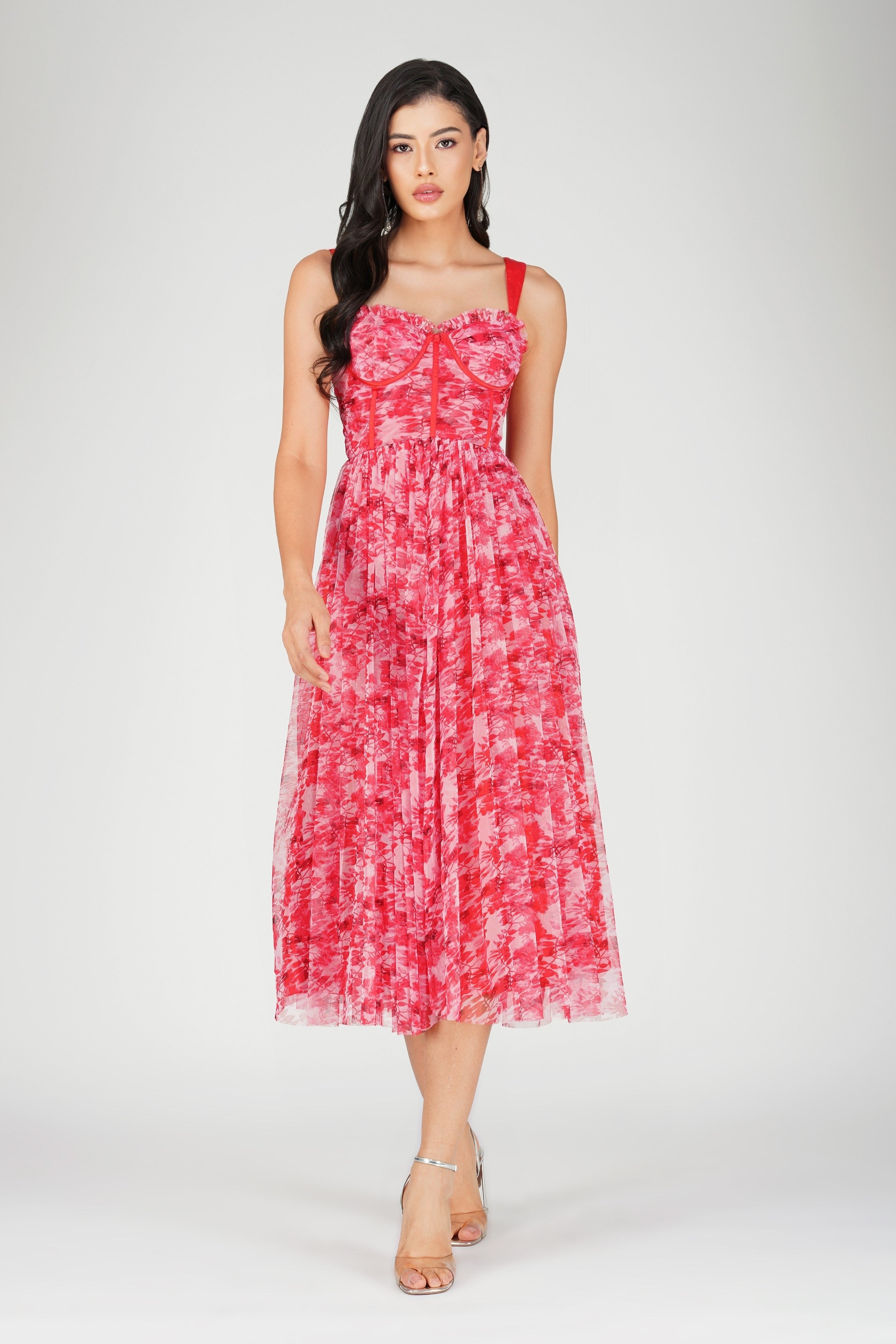 Dane Red Printed Corset Midi Dress for Women - Vintage Floral Bodycon Dress with Lace Up Detail | Perfect for Date Night, Cocktail Parties & Special Occasions