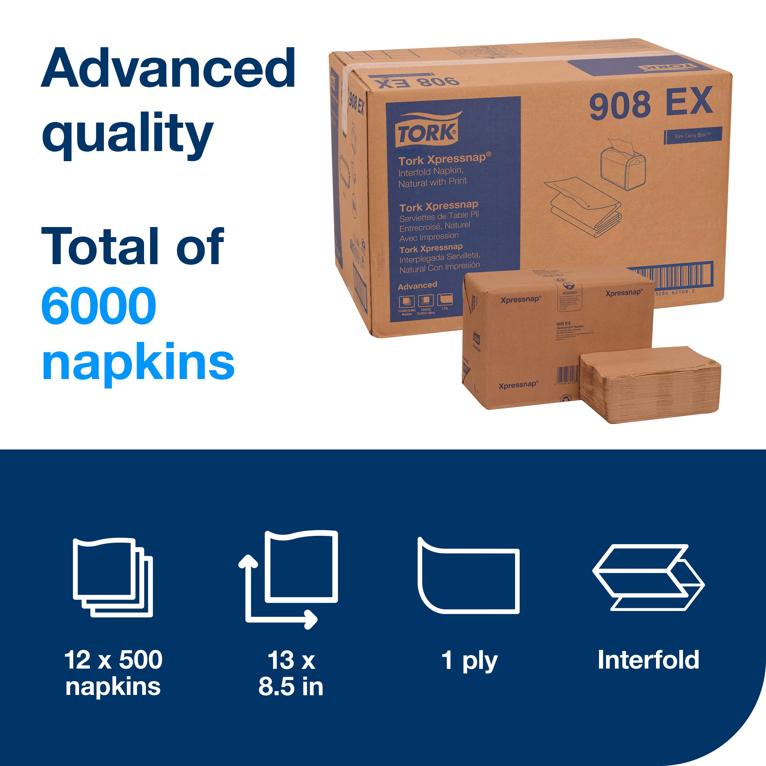 Tork Xpressnap Eco-Friendly Recycled 1-Ply Napkins, 8.5