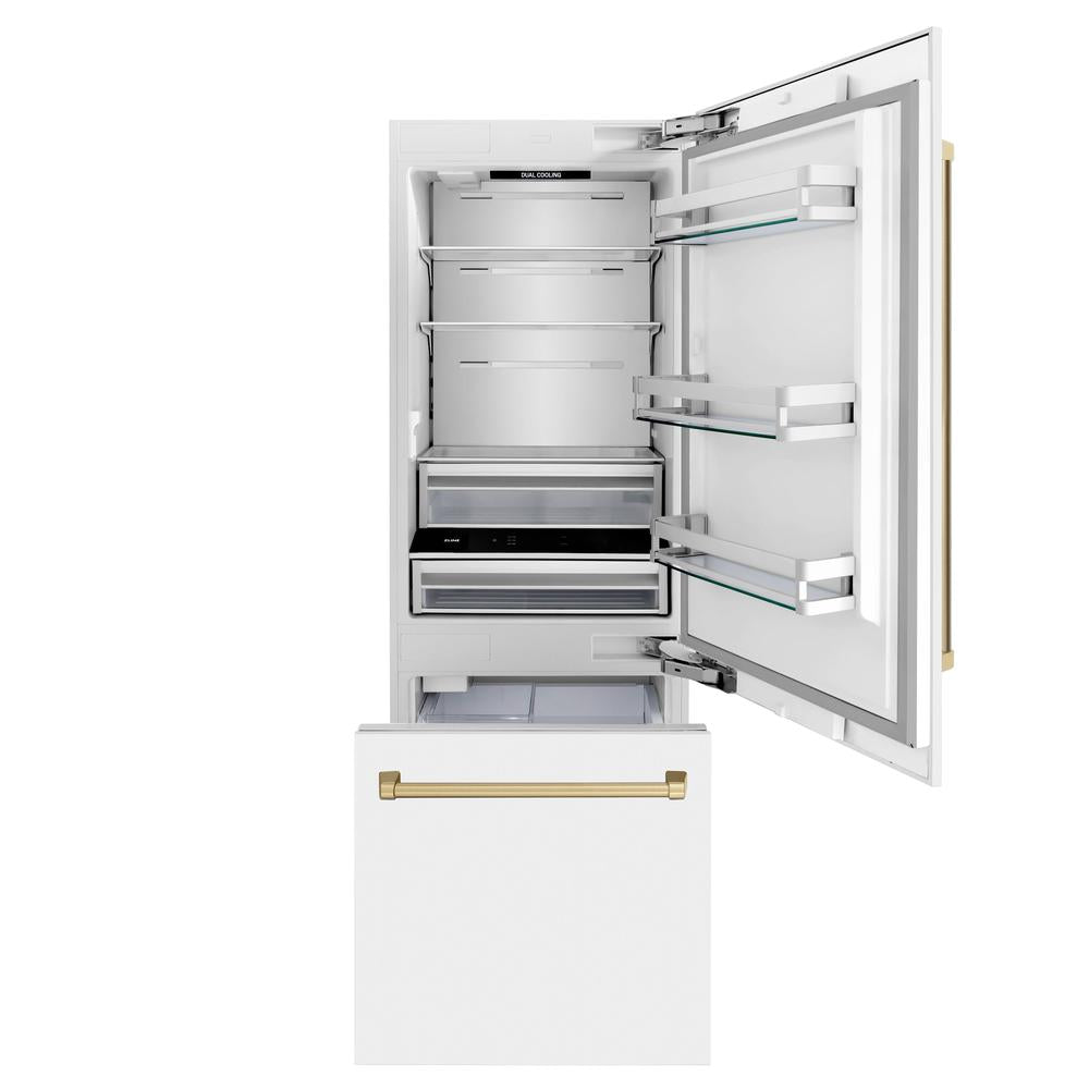 ZLINE Autograph Edition 30 Inch Built-In Bottom Freezer Refrigerator - 16.1 cu ft Capacity, Water Dispenser & Ice Maker - White Matte Finish with Champagne Bronze Accents (RBIVZ WM 30 CB) - Perfect for Modern Kitchens, Open-Concept Homes & Luxury Appliances Collection