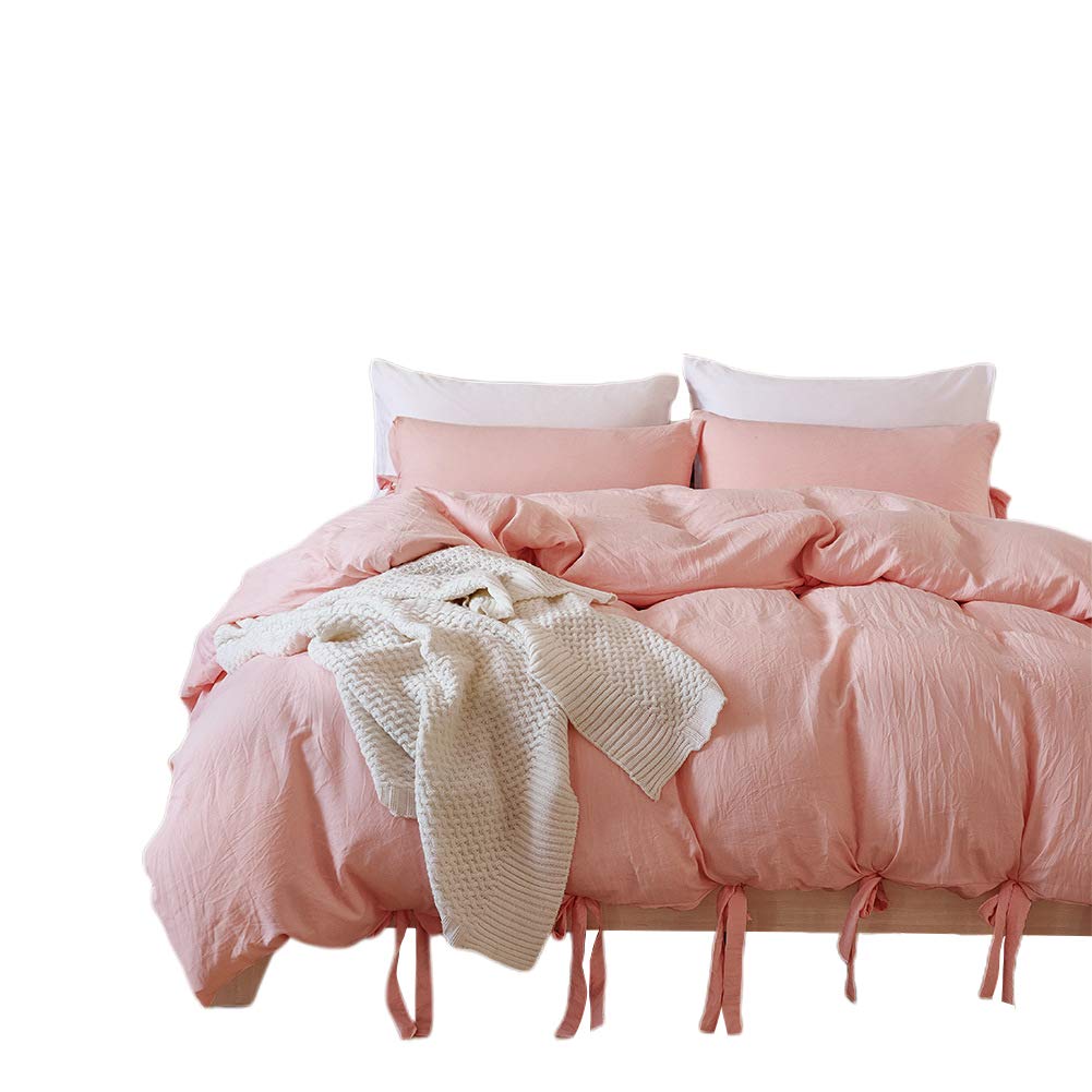ECRISDOO Queen Size Lace Comforter Set - 3 Piece Washed Cotton Duvet Cover with Pillow Shams | Natural Solid Color, Slightly Wrinkle Design & Breathable Fabric | Bean Green Bedding Set for Cozy Bedroom Decor