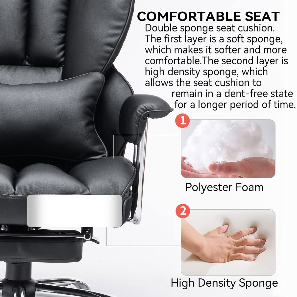 Efomao 400LBS Heavy Duty Office Chair - Big and Tall Executive PU Leather Computer Desk Chair with Adjustable Lumbar Support & Footrest - Ergonomic Black Office Chair for Home, Gaming, and Workspaces