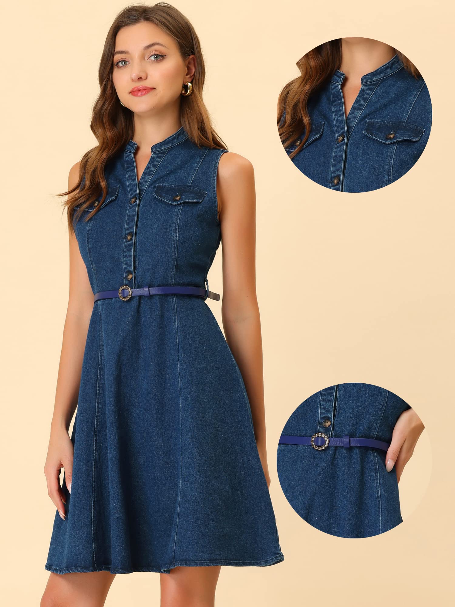 Allegra K Women's Casual Denim Dress - Belted Sleeveless Jean Shirt Dress for Summer Outfits & Date Nights