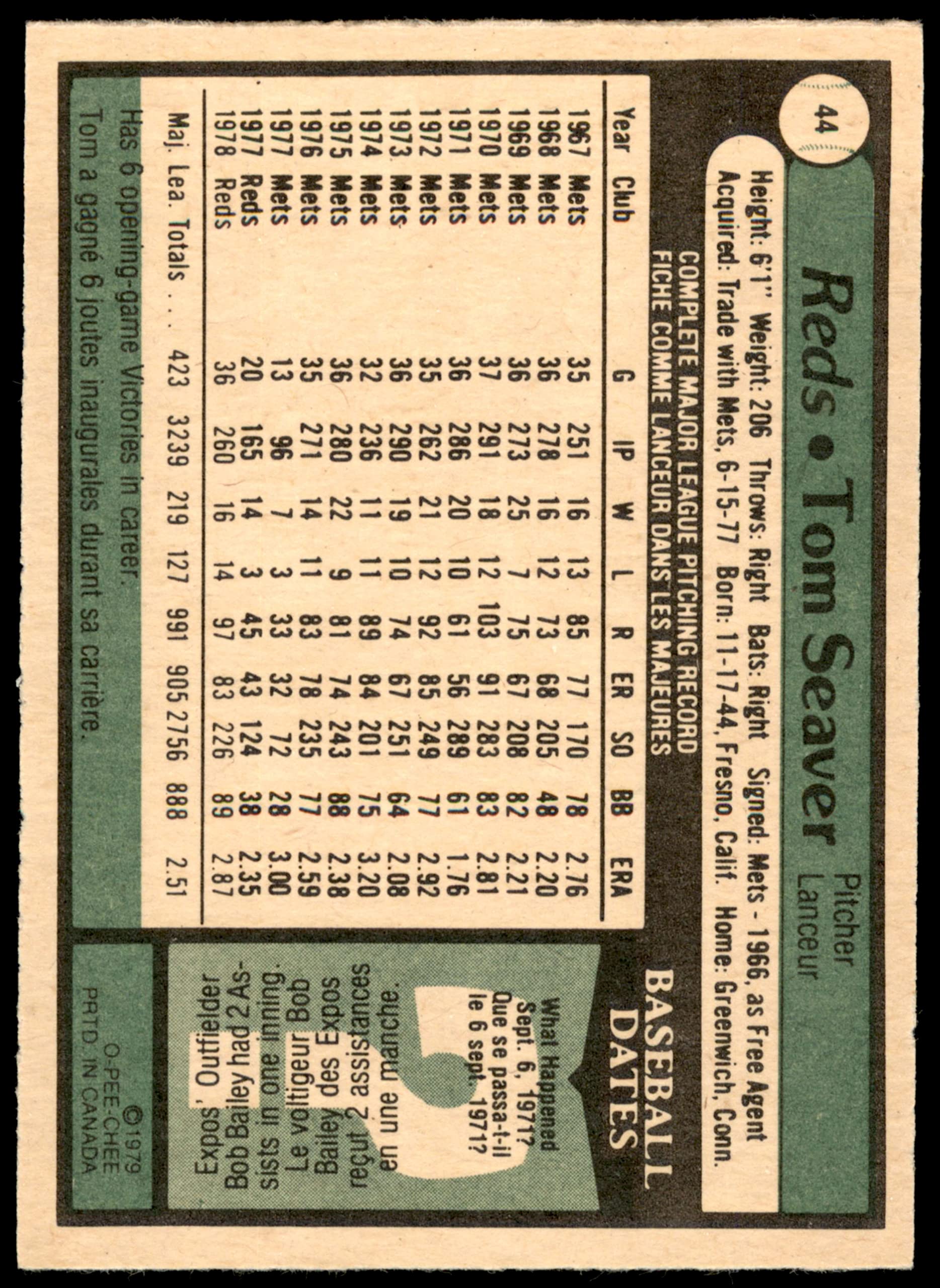 1979 O-Pee-Chee #44 Tom Seaver DP Baseball Card - Near Mint Condition - Cincinnati Reds - Perfect for Collectors & Sports Memorabilia Enthusiasts