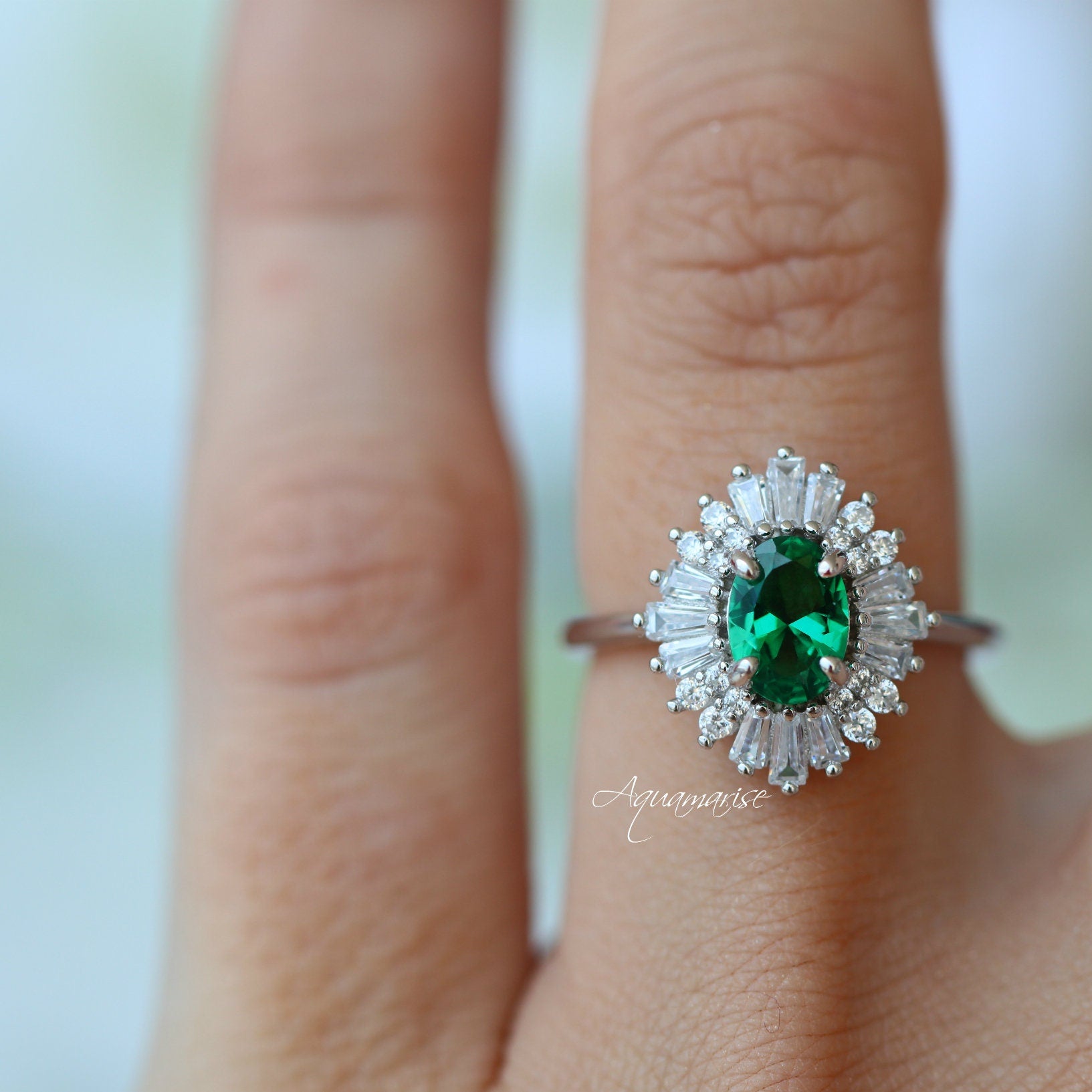 Victoria Emerald Ring Sterling Silver - Elegant Green Gemstone Jewelry for Women, Perfect for Engagement, Wedding & Special Occasions