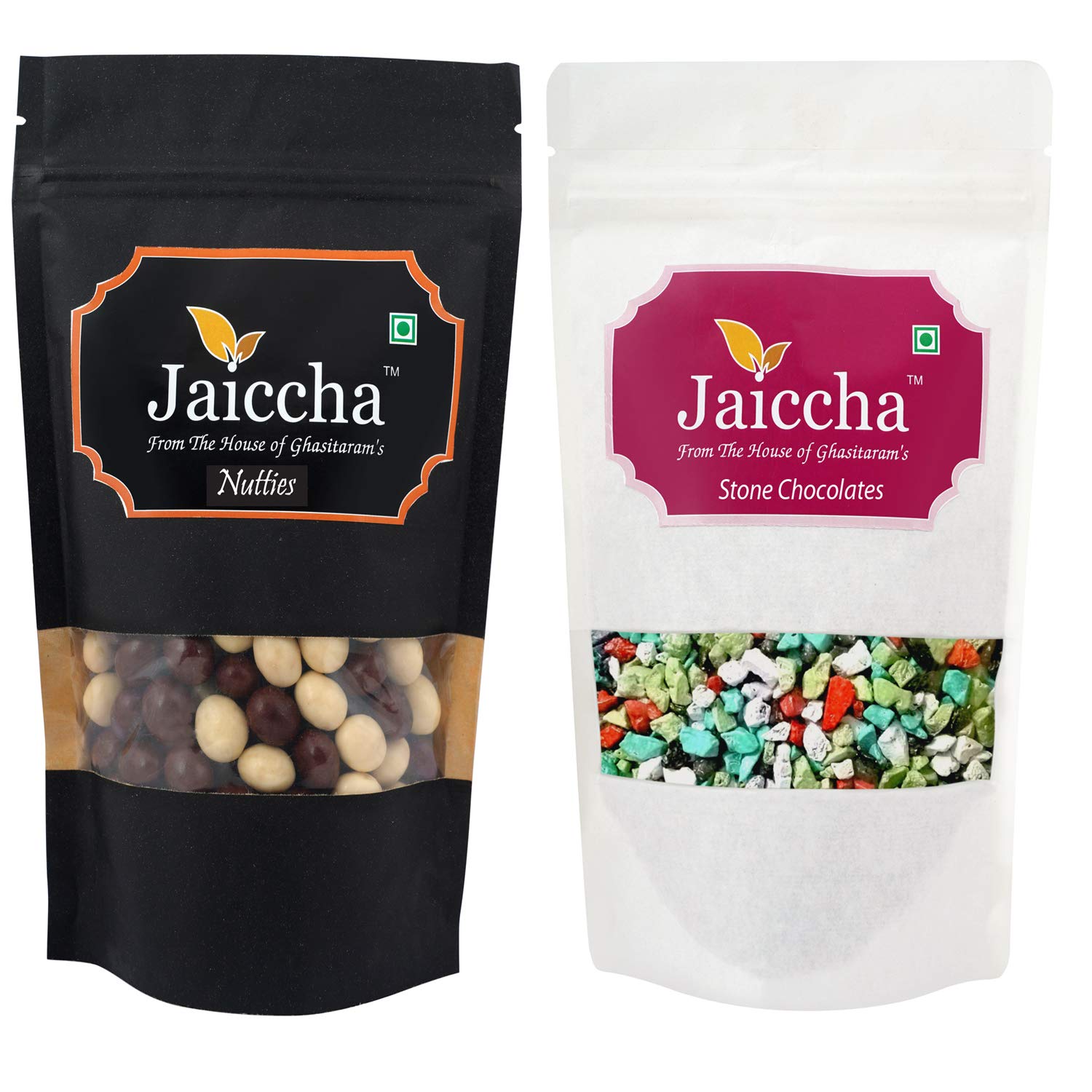 Jaiccha Ghasitaram Pack of 2 Nutties and Stone Chocolate Pouches - 200g Premium Indian Sweets | Perfect for Diwali Gifts, Party Favors & Dessert Treats