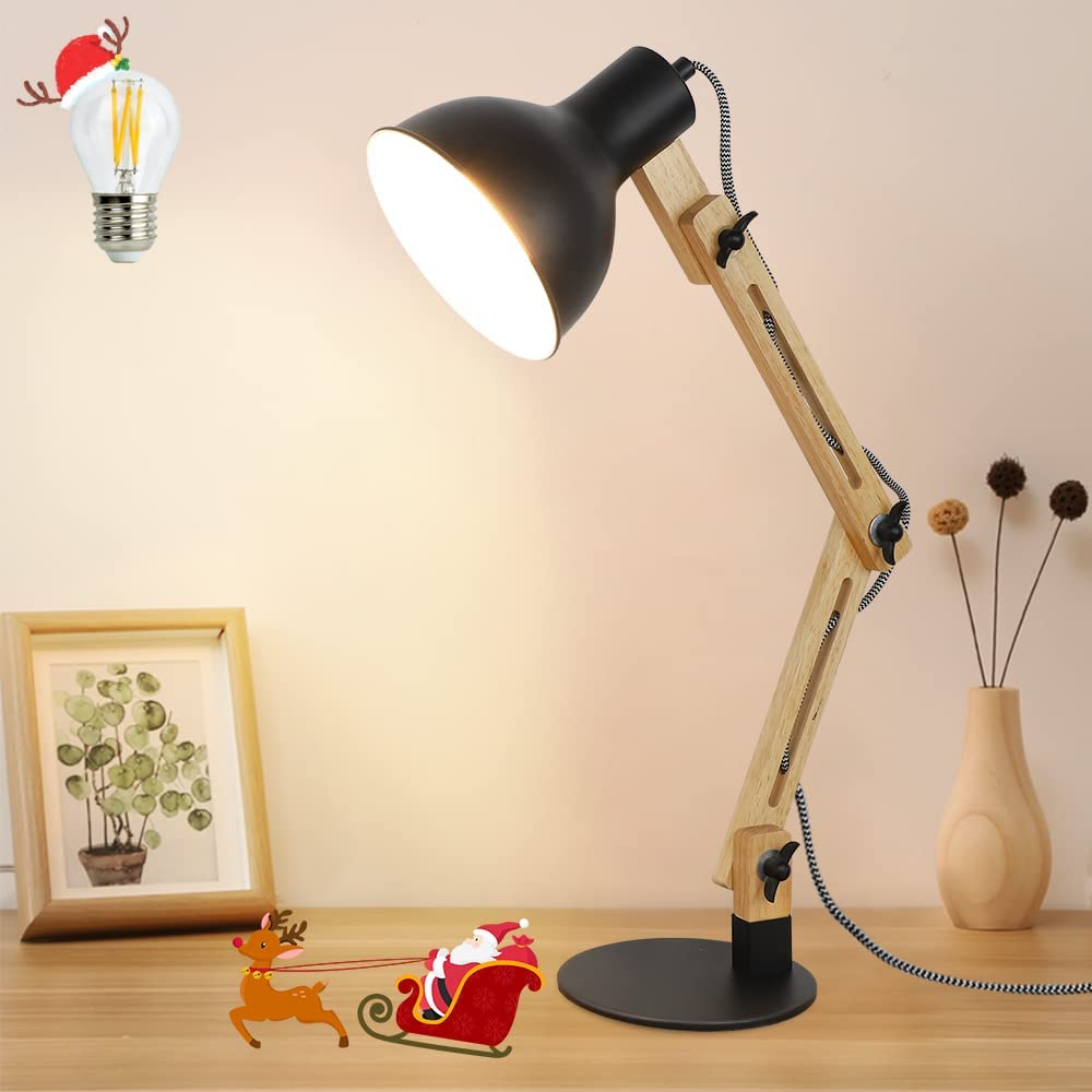 Depuley Adjustable Wood Swing Arm Desk Lamp - Modern Architect Multi-Joint Gooseneck Table Light with Black Metal Shade (Bulb Included) | Perfect for Reading, Working, Studying in Home Office, Bedroom or College Dorm