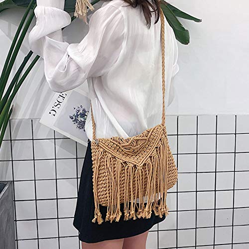Van Caro Handwoven Cotton Straw Shoulder Bag - Crochet Tassel Bohemian Beach Purse for Women | Perfect for Summer Vacations, Beach Trips & Boho Fashion Accessories
