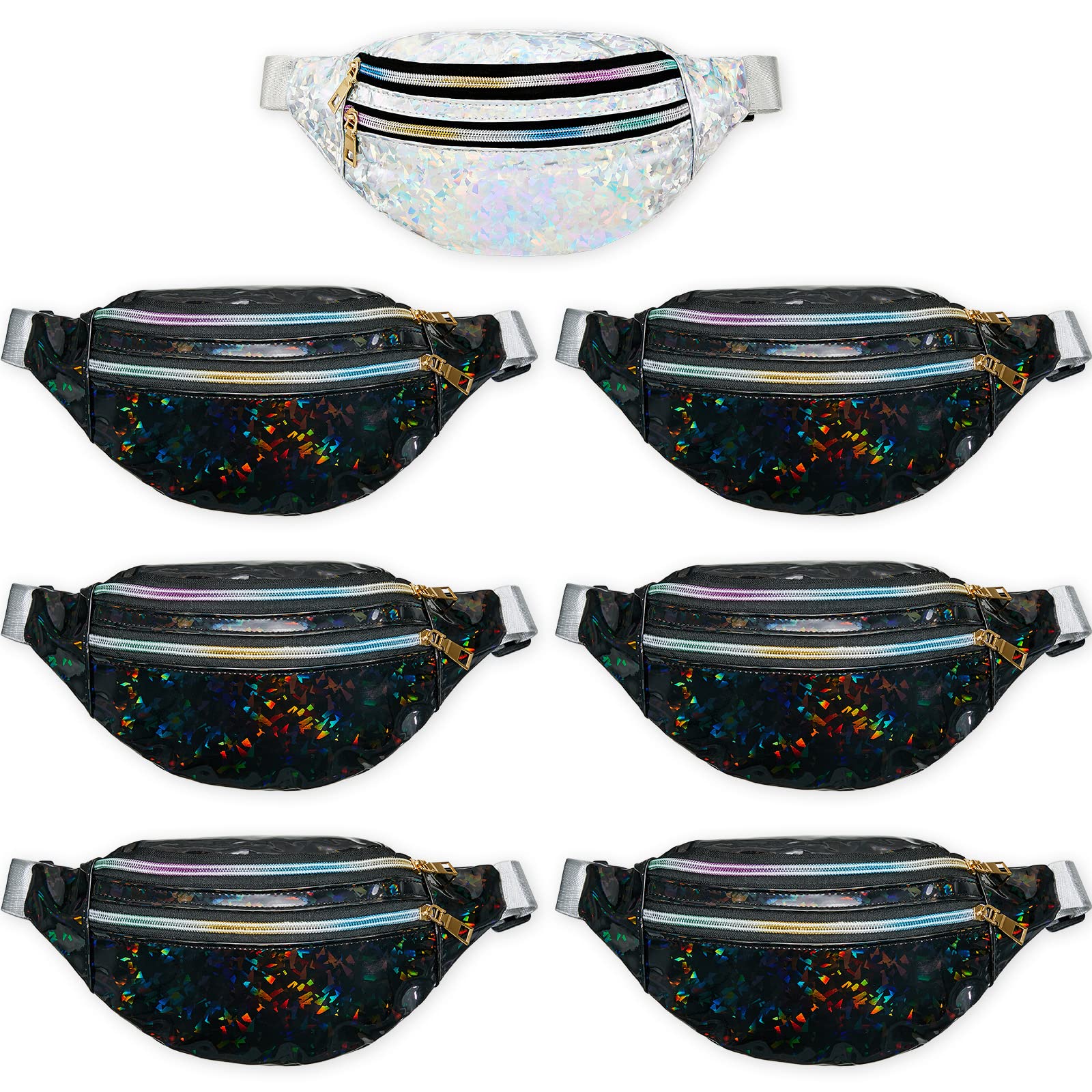 7 Pack Holographic Neon Fanny Pack Set - 80s Retro Waterproof Waist Belt Bag for Bachelorette Party, Wedding, Travel, Running & Outdoor Activities (Silver & Black) - Perfect for Music Festivals, Concerts, Gym & Night Out