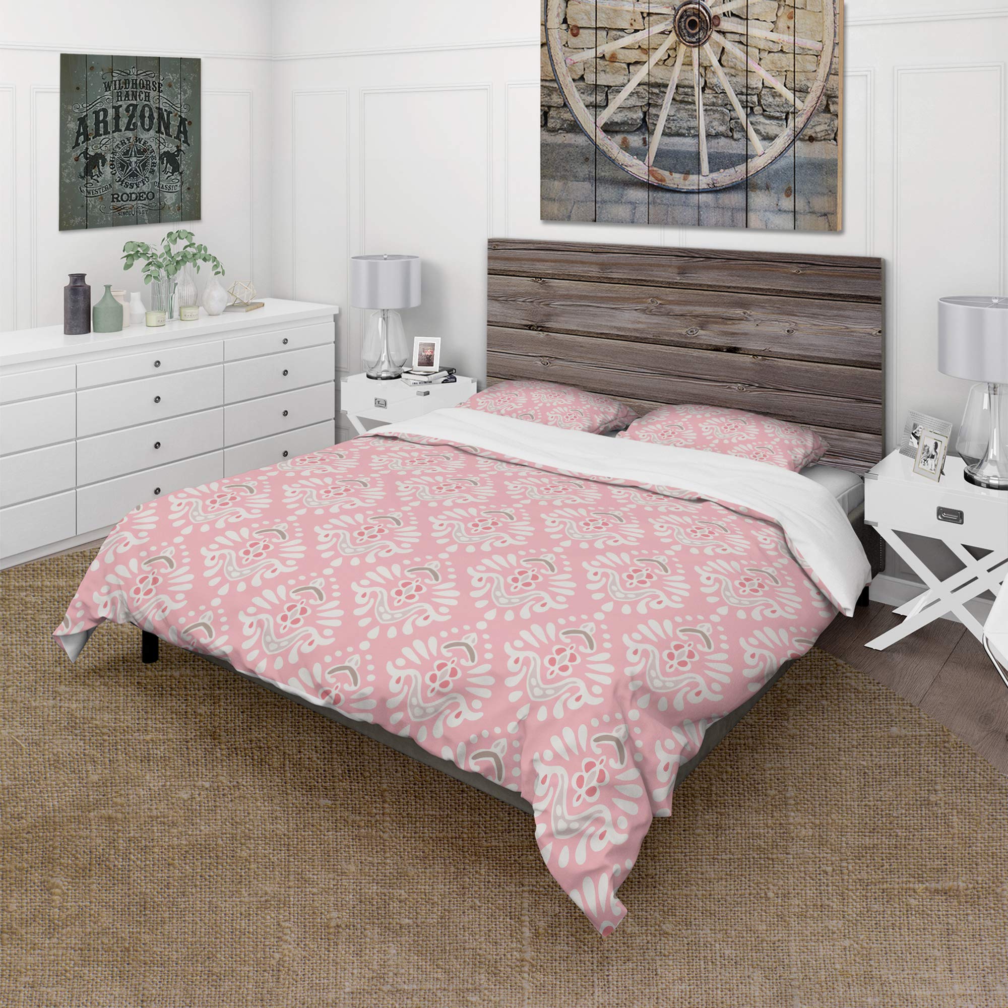 DesignQ Cute Pink Tiled Pattern Rustic Duvet Cover Set - Twin Size 3-Piece Bedding Set for Girls Room, Farmhouse Style All Season Comforter Cover - Perfect for Romantic Bedroom Decor & Cozy Sleep