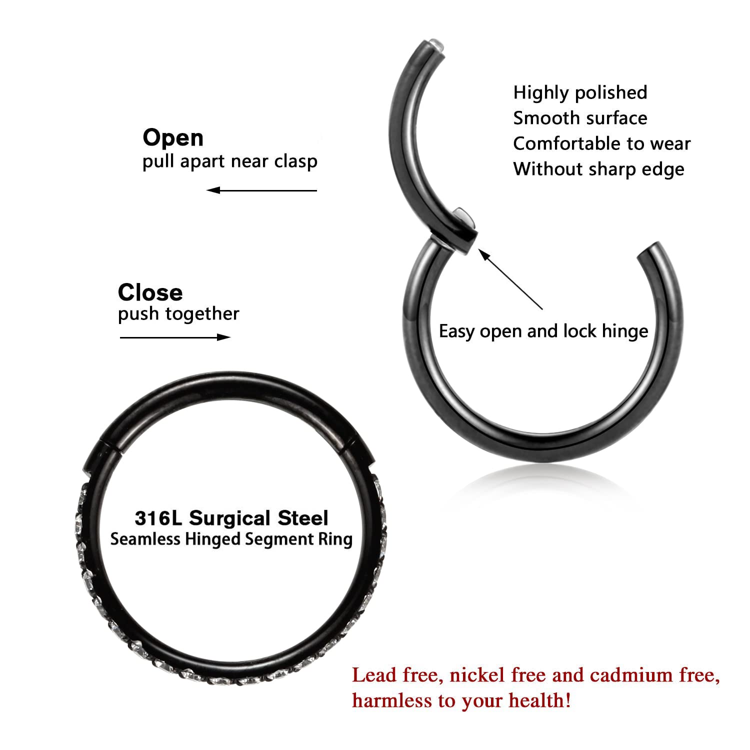 PEAKLINK 16G Septum Hoop Earrings - 316L Surgical Steel Seamless Clicker Nose Ring - 2PCS Daith, Conch, Tragus, Helix, Rook, Cartilage, Lobe Piercing Jewelry - 8mm & 10mm Sizes - Hypoallergenic Body Jewelry for Everyday Wear & Special Occasions