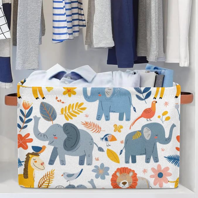 Cartoon Elephant Fabric Storage Bins with Handles - Large Decorative Collapsible Baskets for Shelves & Closet Organizers (2-Pack) - Perfect for Home Organization, Clothes, Toys & Nursery Storage