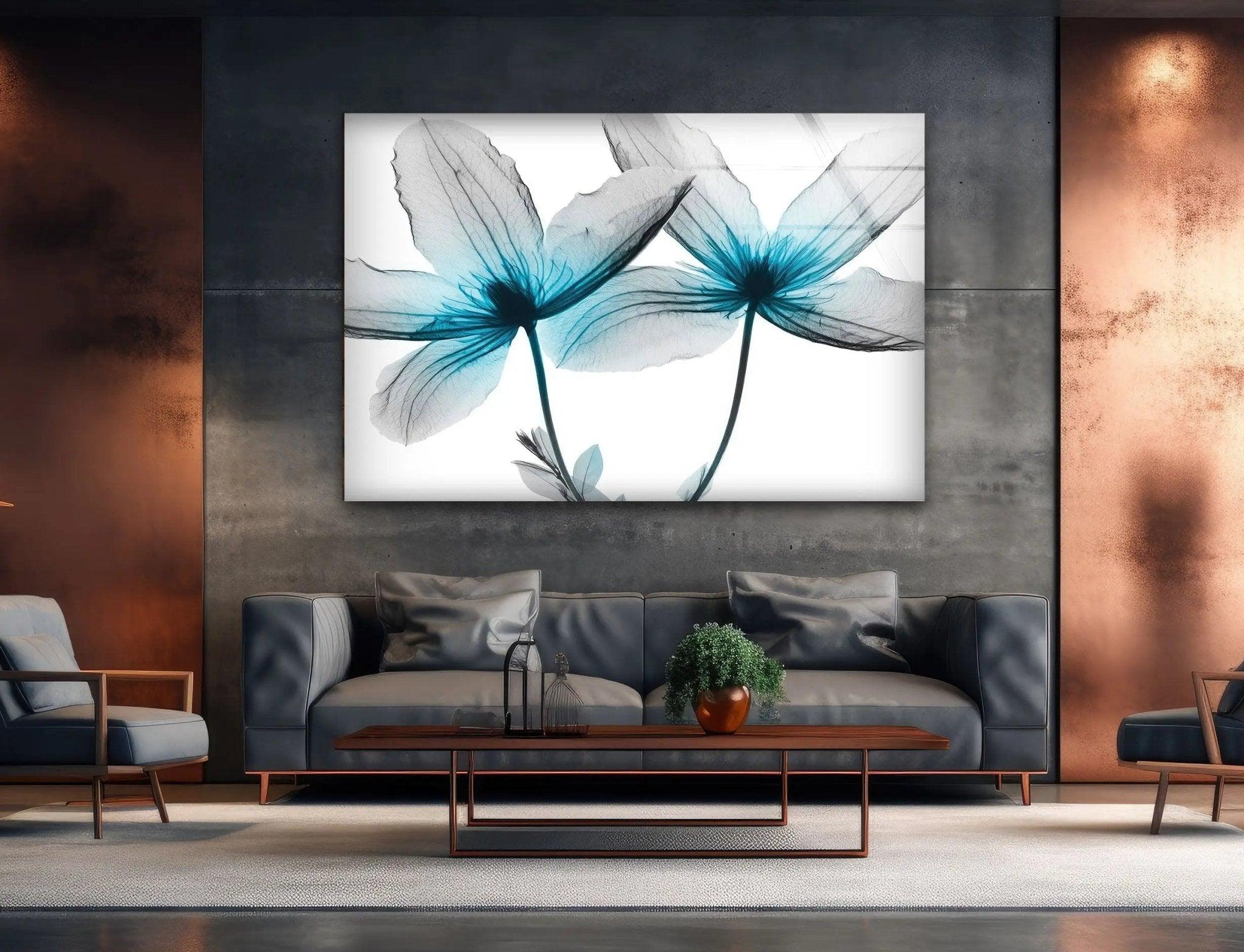 Albert Koetsier Blue X-Ray Flower Glass Wall Art - Modern Home Decor for Living Room, Bedroom & Office - Unique Handmade Glass Artwork
