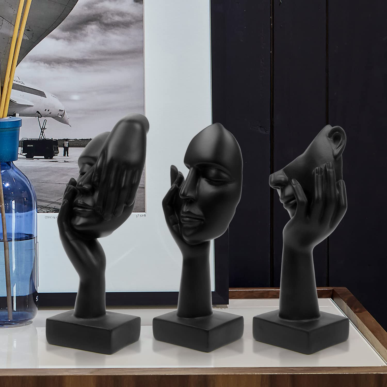 3 Pcs Thinker Statue - Modern Resin Sculpture Figurines for Home Office Decor, Bookshelf & Desktop Display - Collectible Black Art Statue for Living Room, Study & Gift Giving