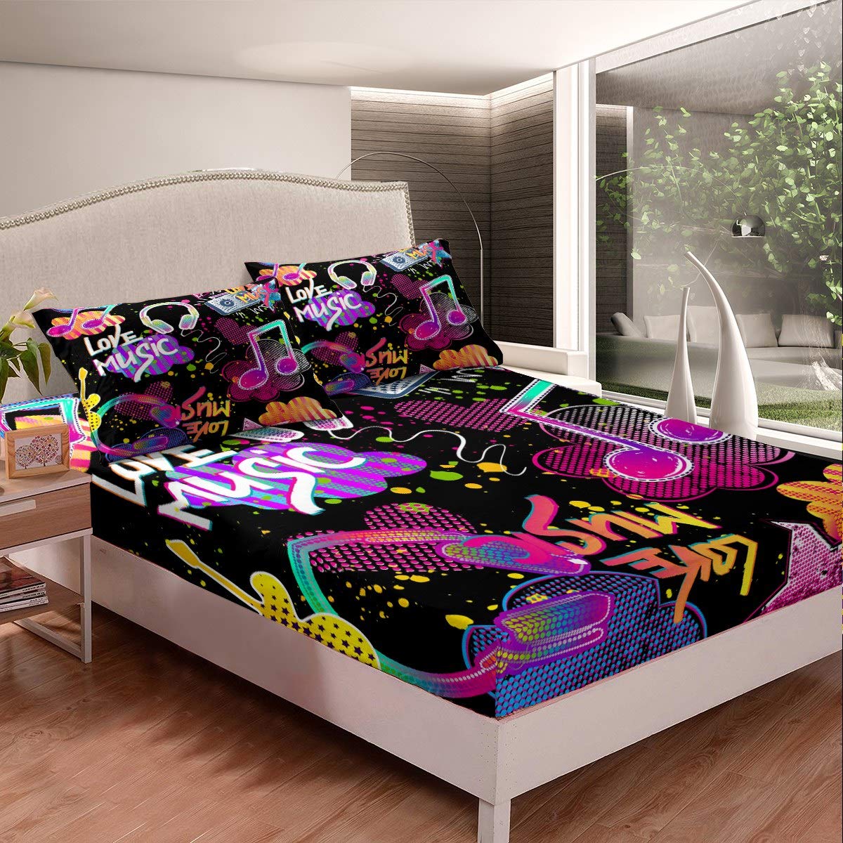 Feelyou Note Music Themed Bedding Set for Kids & Teens - Stylish Gradient Rock Music Print Twin Size 2-Piece Fitted Sheet Set - Perfect for Boys & Girls Bedrooms, Dorm Rooms & Music Lovers