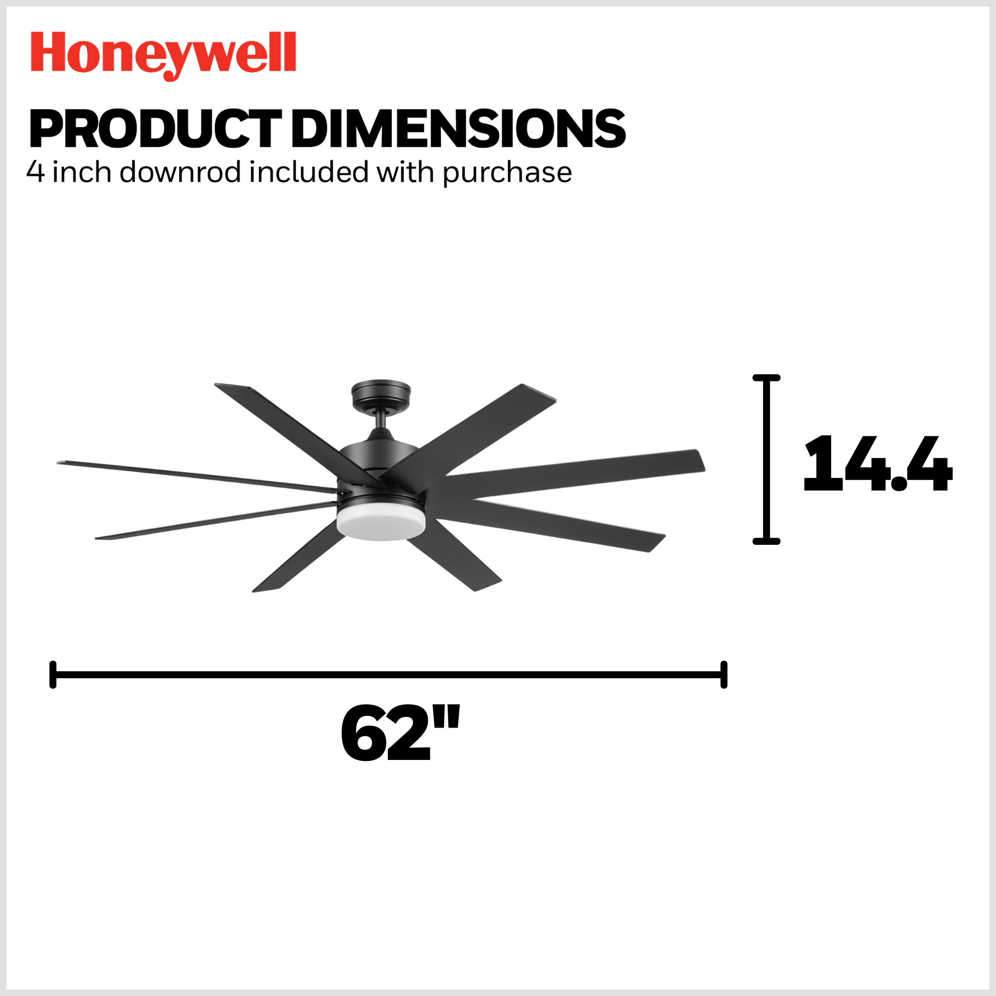 62 Inch Honeywell Kildee Matte Black Smart Ceiling Fan with Color Changing LED Light, Remote Control - Perfect for Living Room, Bedroom & Outdoor Patio