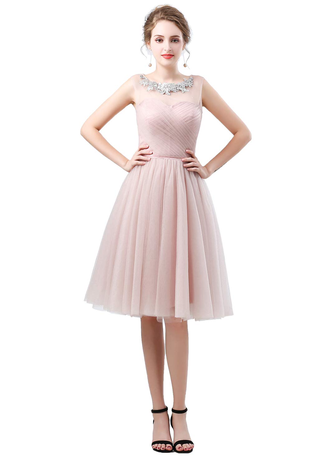 Elegant A-Line Pleated Tulle Bridesmaid Dress with Jewel Applique - Perfect for Weddings, Formal Events & Special Occasions