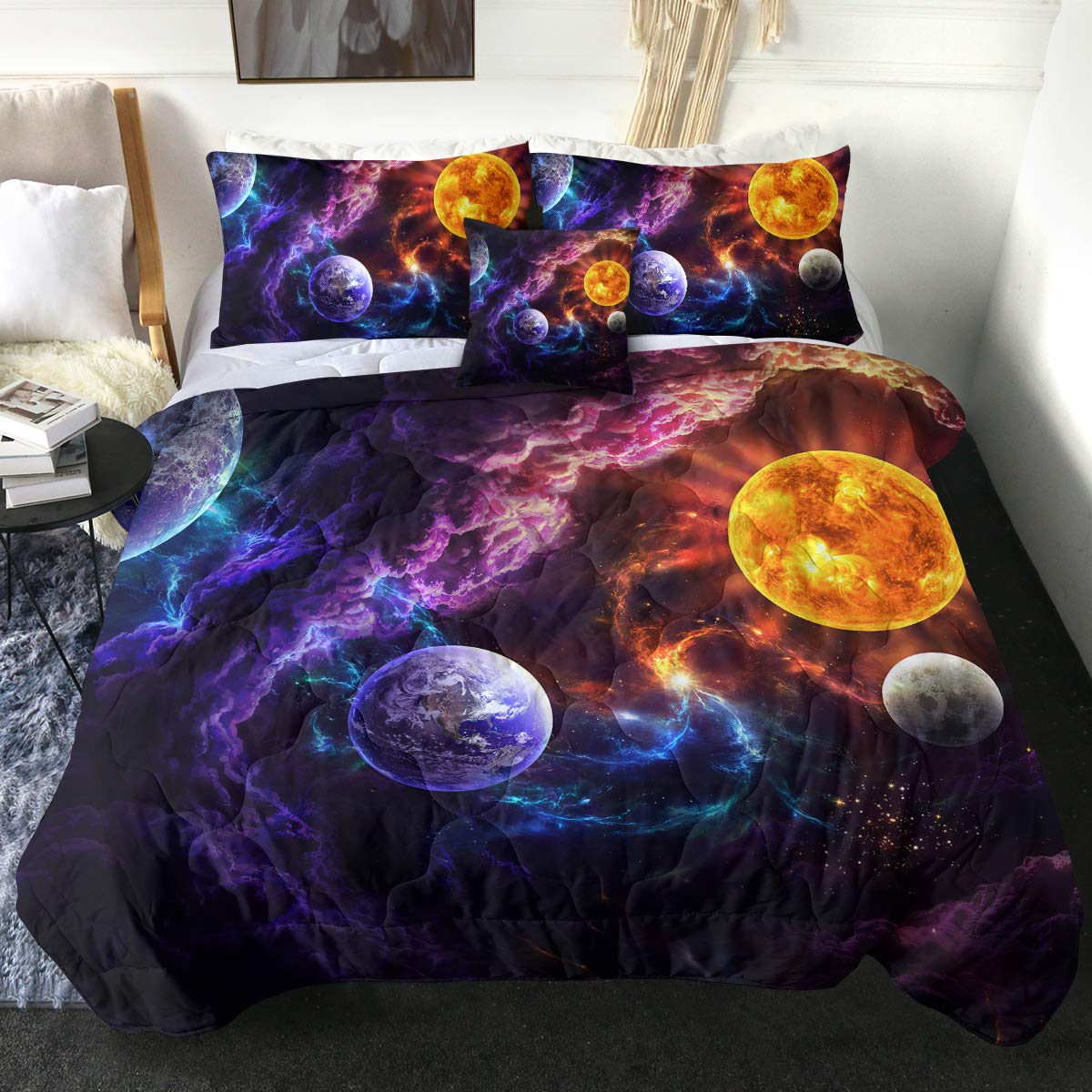 JoJoesArt 4-Piece Space Print Comforter Set - Twin Size Galaxy Planet Bedding for Kids & Teens | Purple Cosmic Quilt, Perfect for Boys' Room Decor & Stargazing Theme Bedrooms