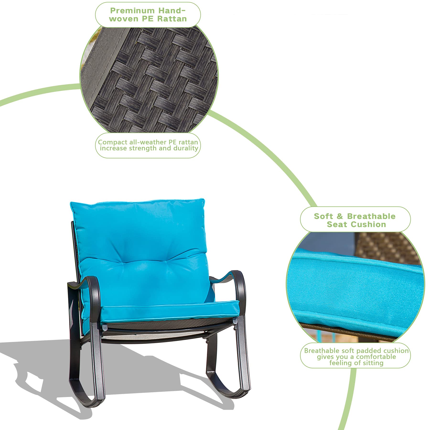 Domi Outdoor Living 3-Piece Rocking Bistro Set - Black Steel Wicker Rocking Chairs with Blue Cushions & Glass Top Coffee Table for Patio, Garden, or Backyard Relaxation