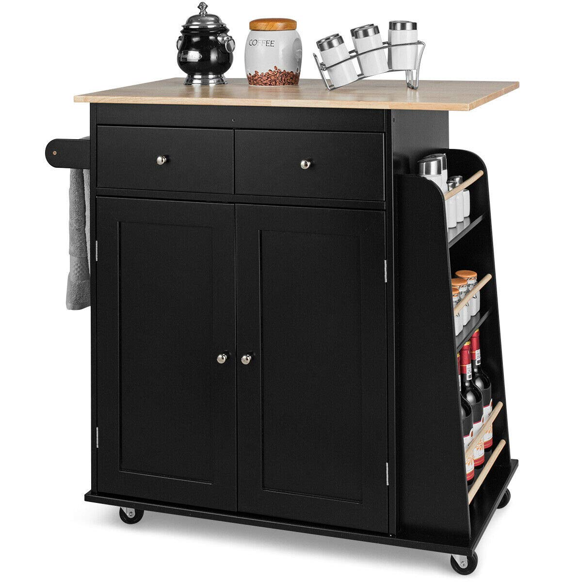 Black Rolling Kitchen Trolley Island with 2 Drawers & 2 Doors - 3-Tier Spice Rack Storage Cabinet, Rubber Wood Countertop - Perfect for Kitchen Organization, Serving Food, and Storing Utensils & Dishware