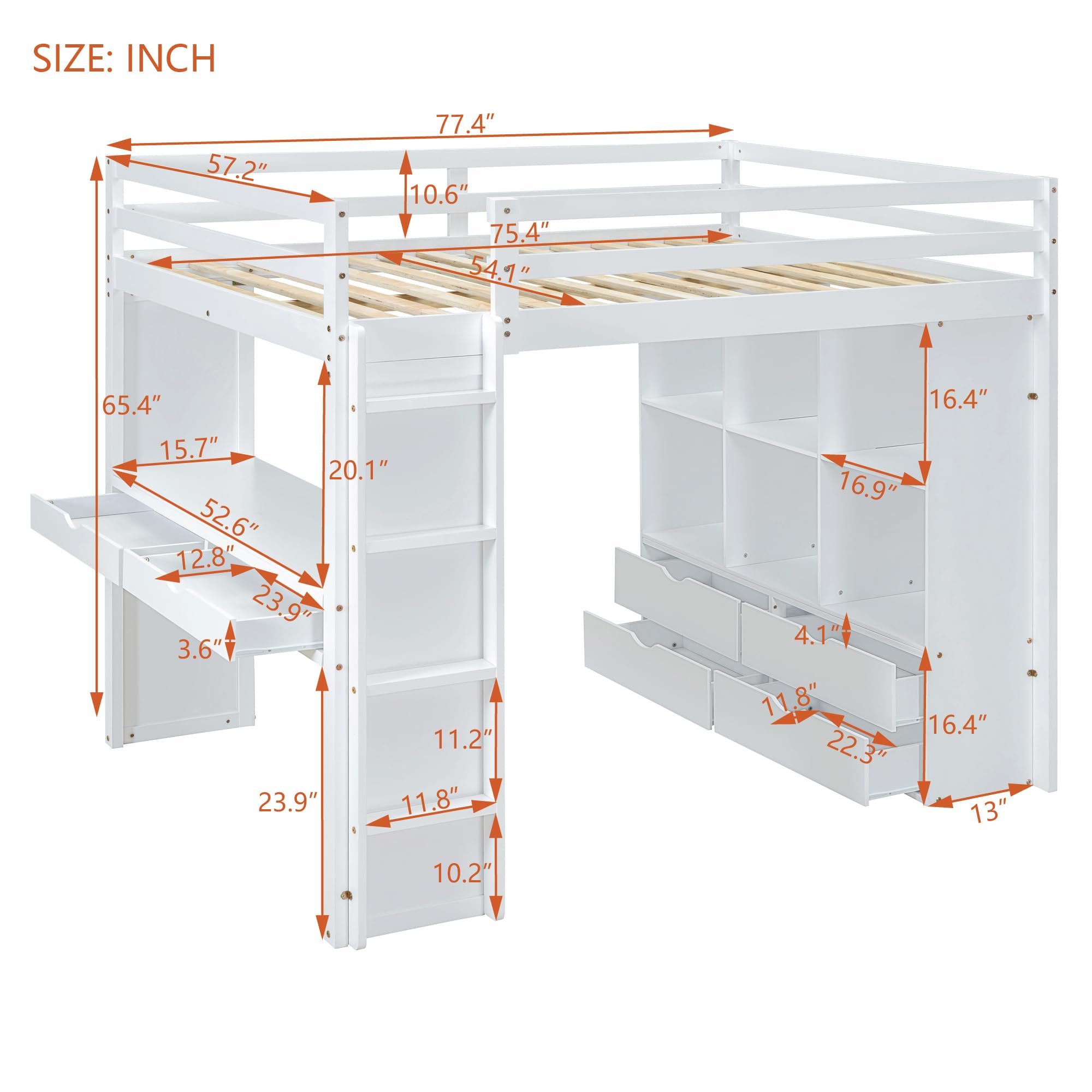 Harper & Bright Designs Full Size Loft Bed with Desk & Storage Shelves - White Wooden High Loft Bed Frame with LED Lights for Kids, Teens, Boys & Girls - Perfect for Small Bedrooms, Dorm Rooms & Space-Saving Kids' Rooms