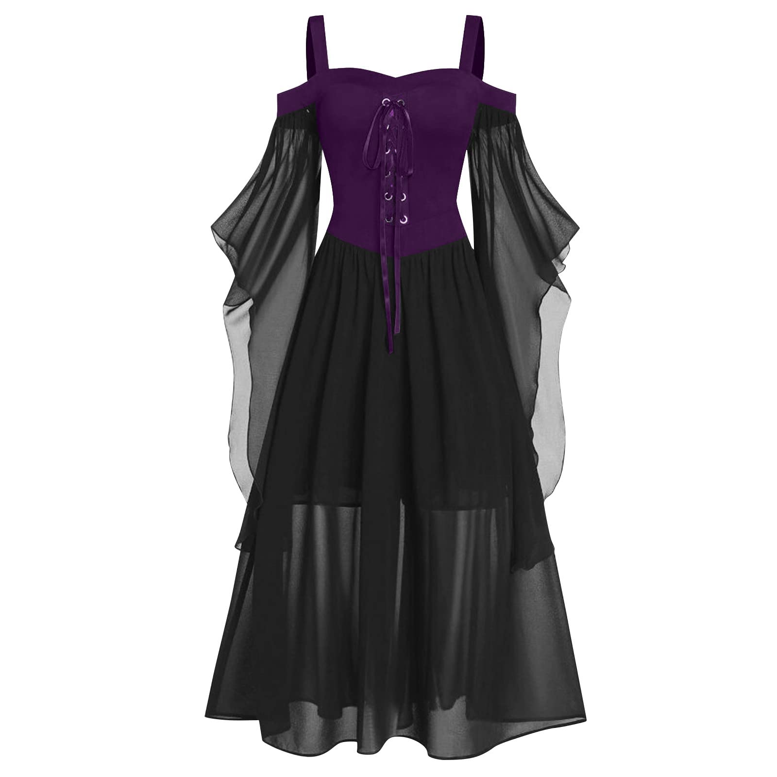 Women's Gothic Cold Shoulder Butterfly Sleeve Lace-Up Beach Dress - Flowy Spaghetti Strap Sun Dress for Halloween, Party & Summer Vacations