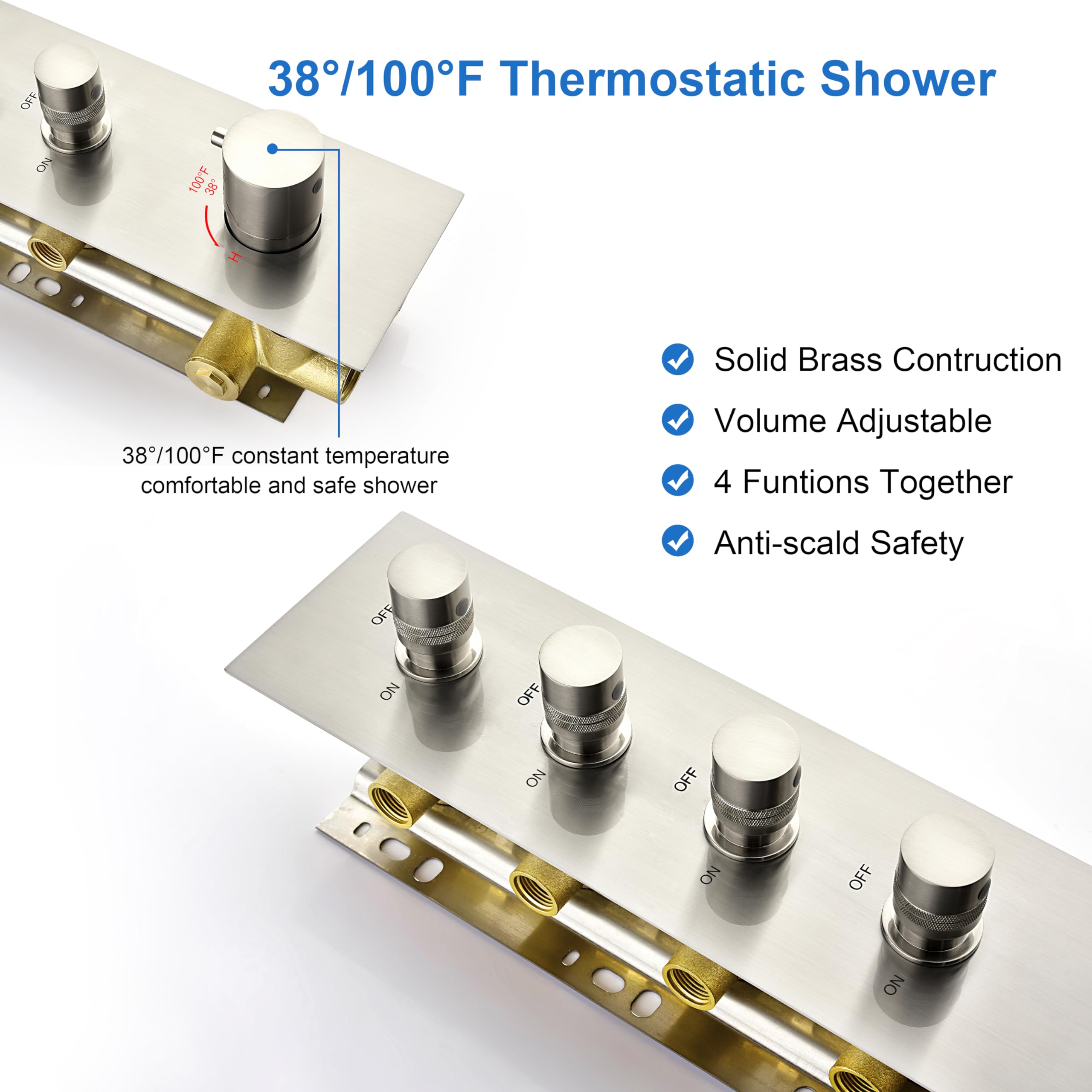 4-Way Shower Diverter Valve Brushed Nickel - Thermostatic Mixer Brass Valve with 4 Functions & Individual Flow Control - Perfect for Bathroom Renovation & Multi-Head Shower Systems