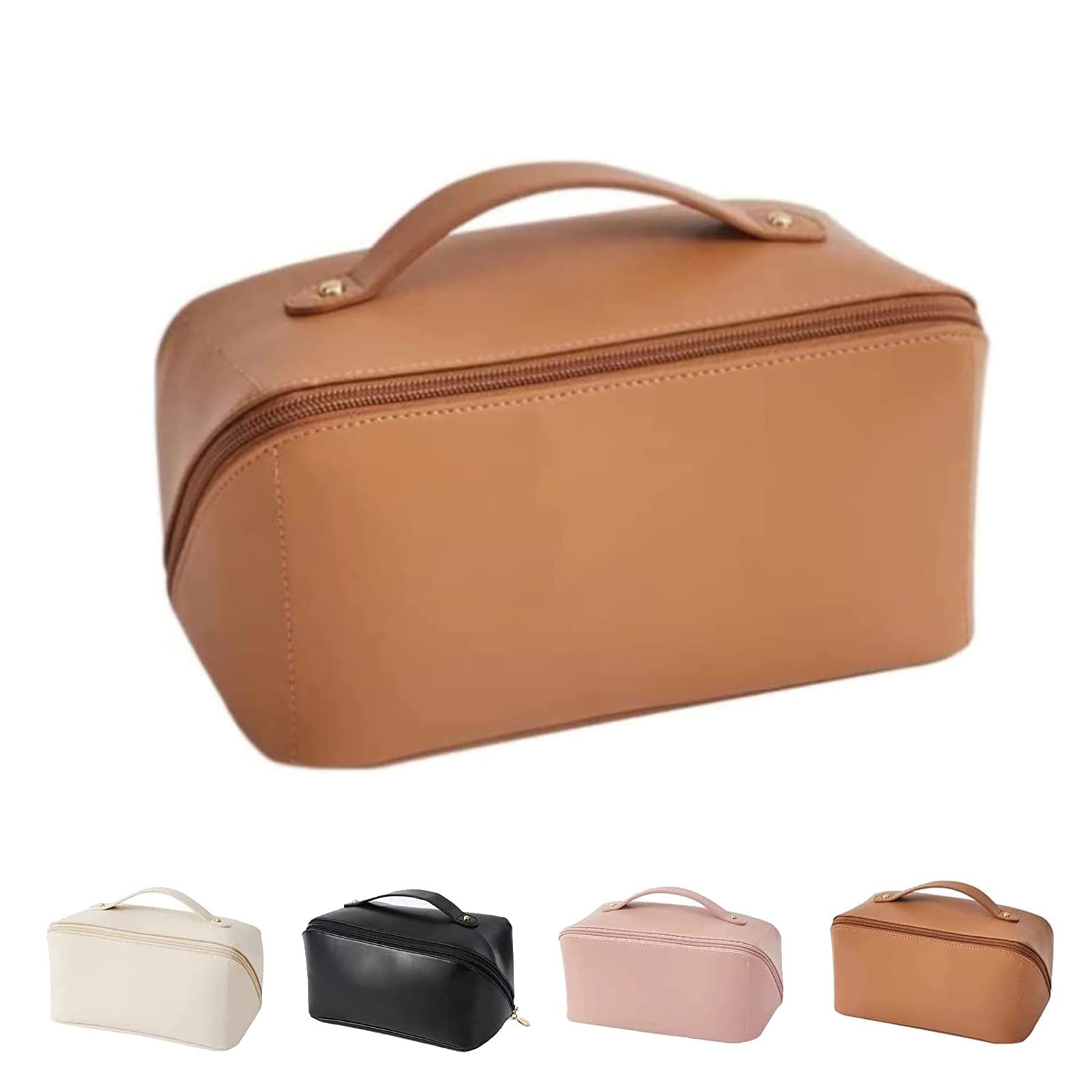 Large Capacity Waterproof Leather Travel Cosmetic Bag for Women - Multifunctional Makeup Organizer with Handle & Divider, Portable Toiletry Case (Brown) | Perfect for Vacation, Business Trips & Daily Use