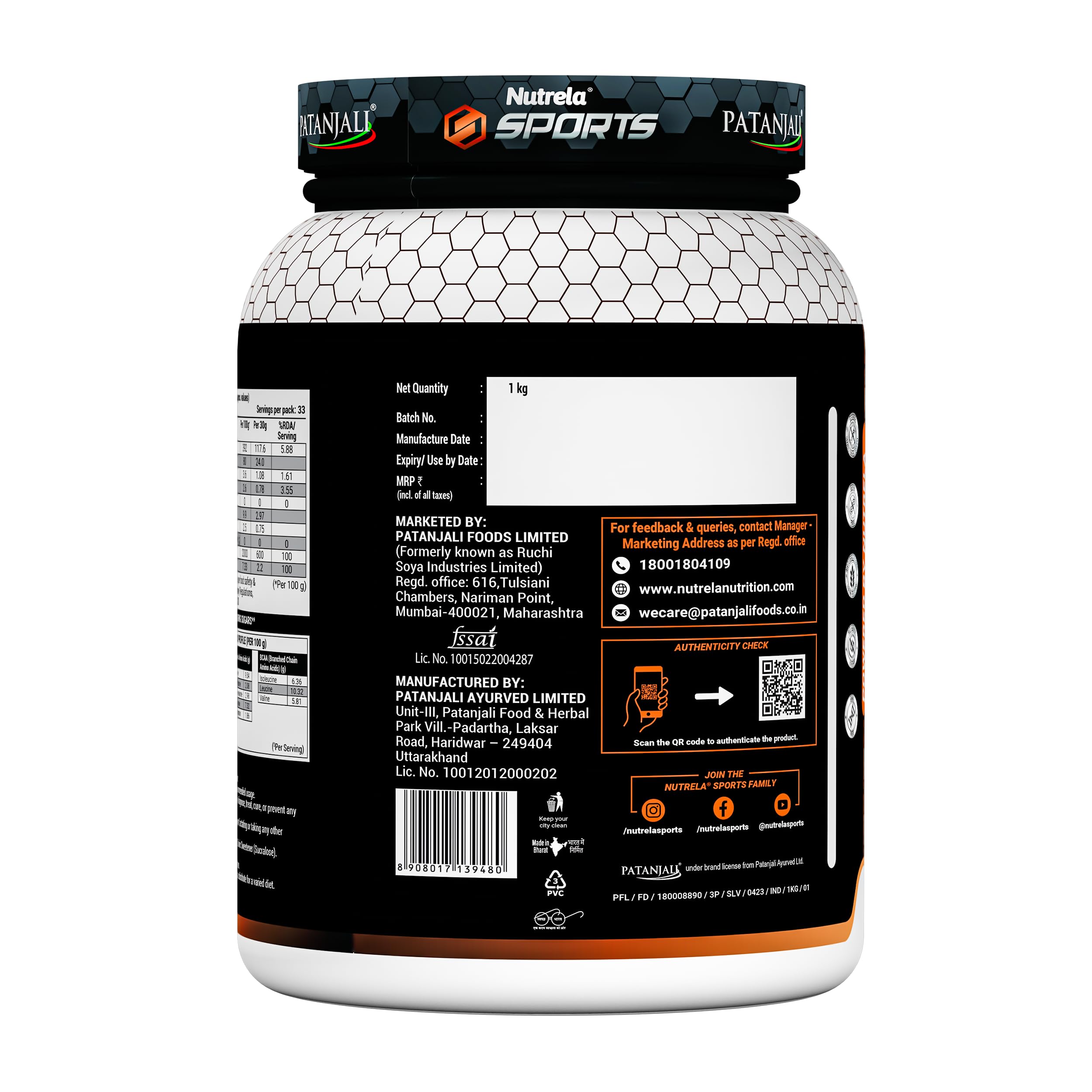 Patanjali NUTRELA Sports Whey Protein Powder Concentrate & Isolate - 1kg Vanilla Ice Cream Flavor | 24g Protein, 6.7g BCAA, 4.9g Glutamine with Digestive Enzymes | Post-Workout Recovery & Muscle Building Supplement for Athletes & Fitness Enthusiasts