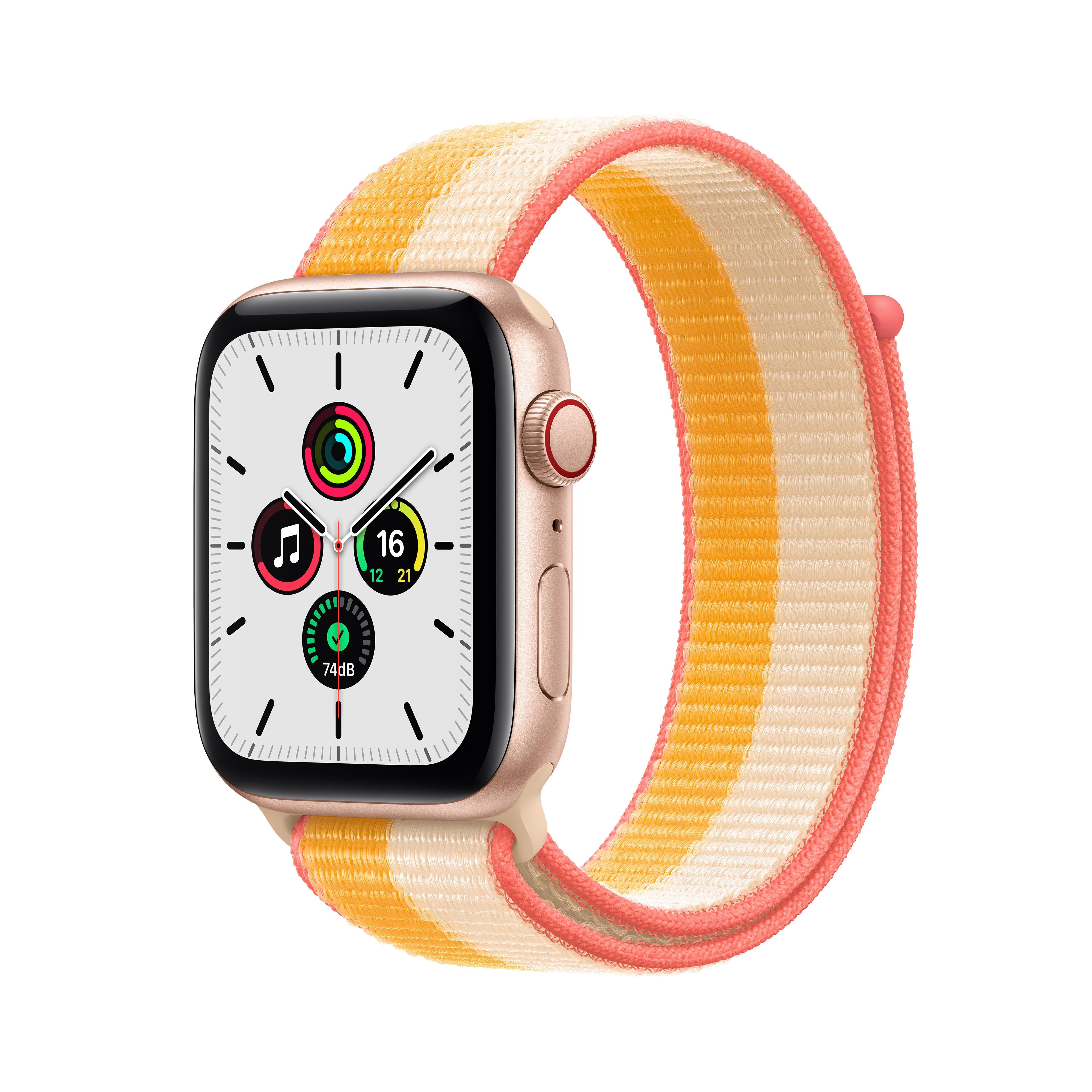 Apple Watch SE (GPS + Cellular) 44mm Gold Aluminum Case with Cornflower/White Sport Loop - Perfect for Fitness Tracking & Everyday Wear