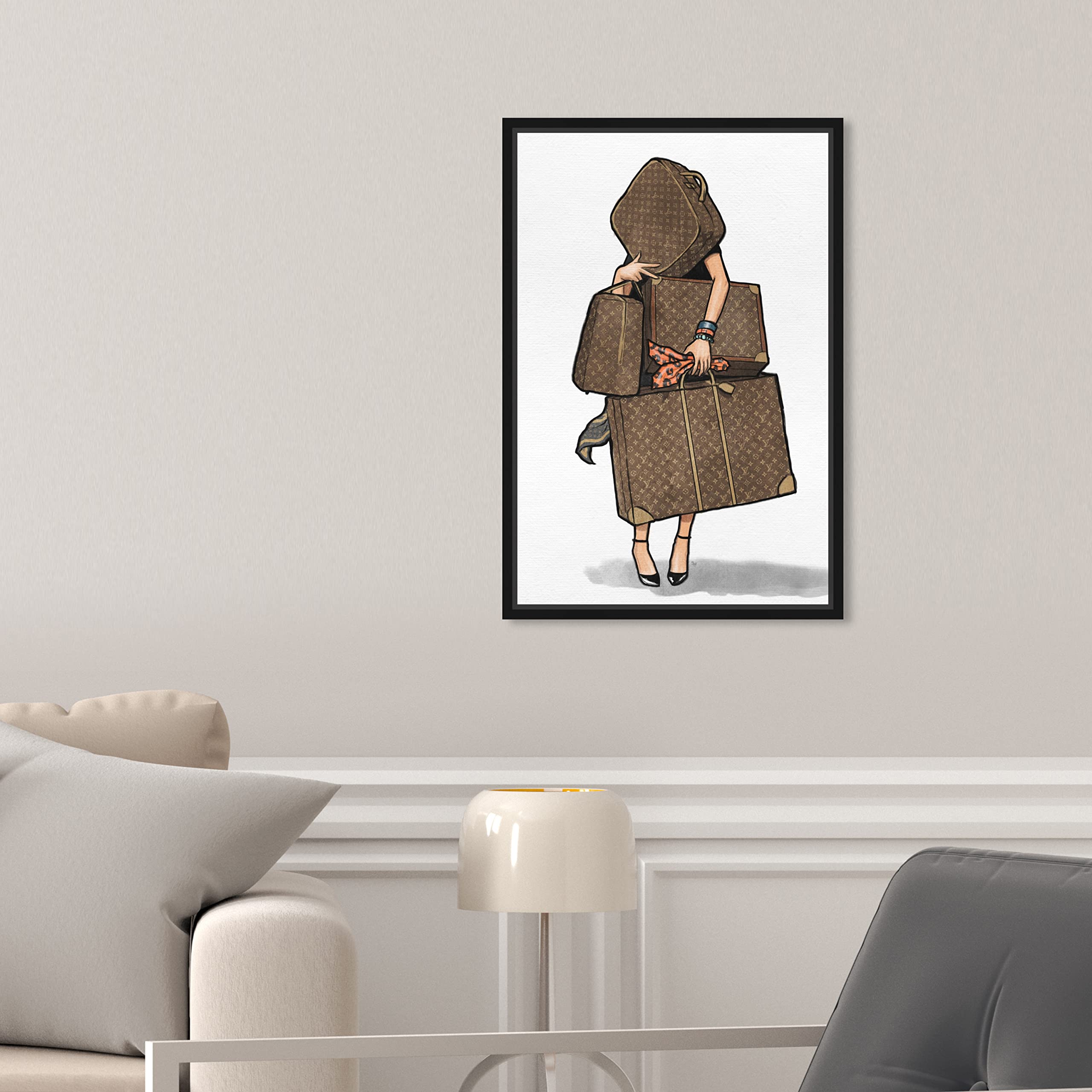 Oliver Gal Artist Co. Fashion & Glam Framed Wall Art Canvas Print - Orange Travel Bag Home Décor (10x15 Inches, Brown/White) | Perfect for Living Room, Bedroom & Office Decor