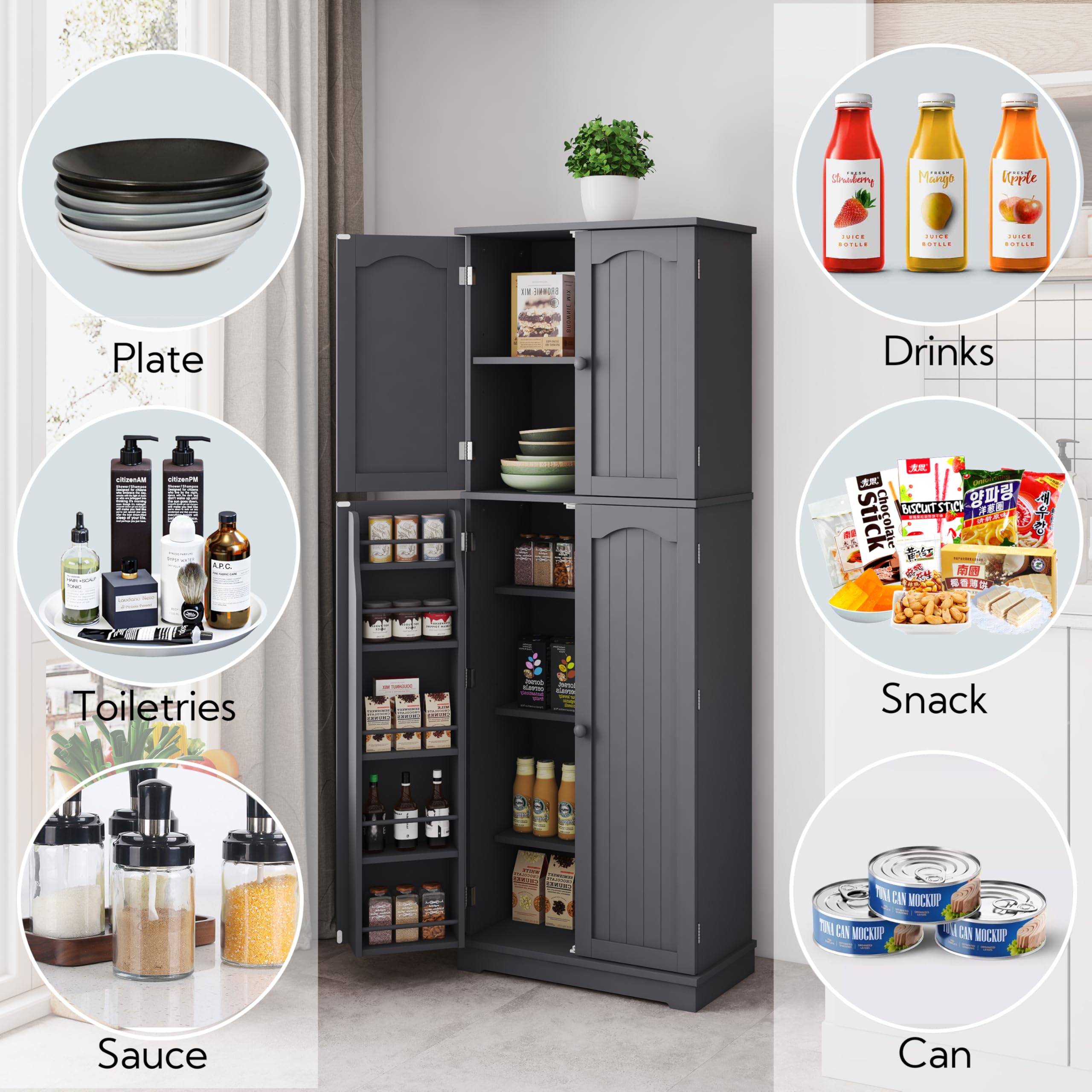Yusong 64-Inch Tall Kitchen Pantry Cabinet with Doors & Adjustable Shelves - Free Standing Storage Organizer for Food, Dishes & Kitchen Supplies - Perfect for Kitchen, Dining Room & Living Room - Space-Saving Grey Cabinet
