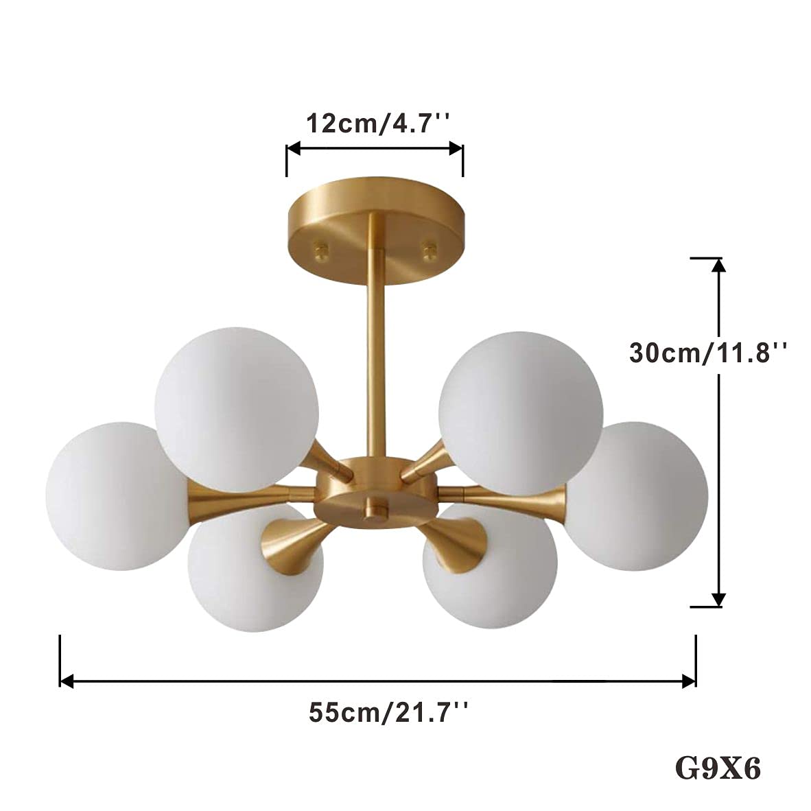 KCO Lighting 6-Light Glass Globe Semi Flush Mount Chandelier - Modern Pendant Light Fixture for Kitchen Island, Dining Room & Living Room - Elegant Ceiling Lighting for Home Decor
