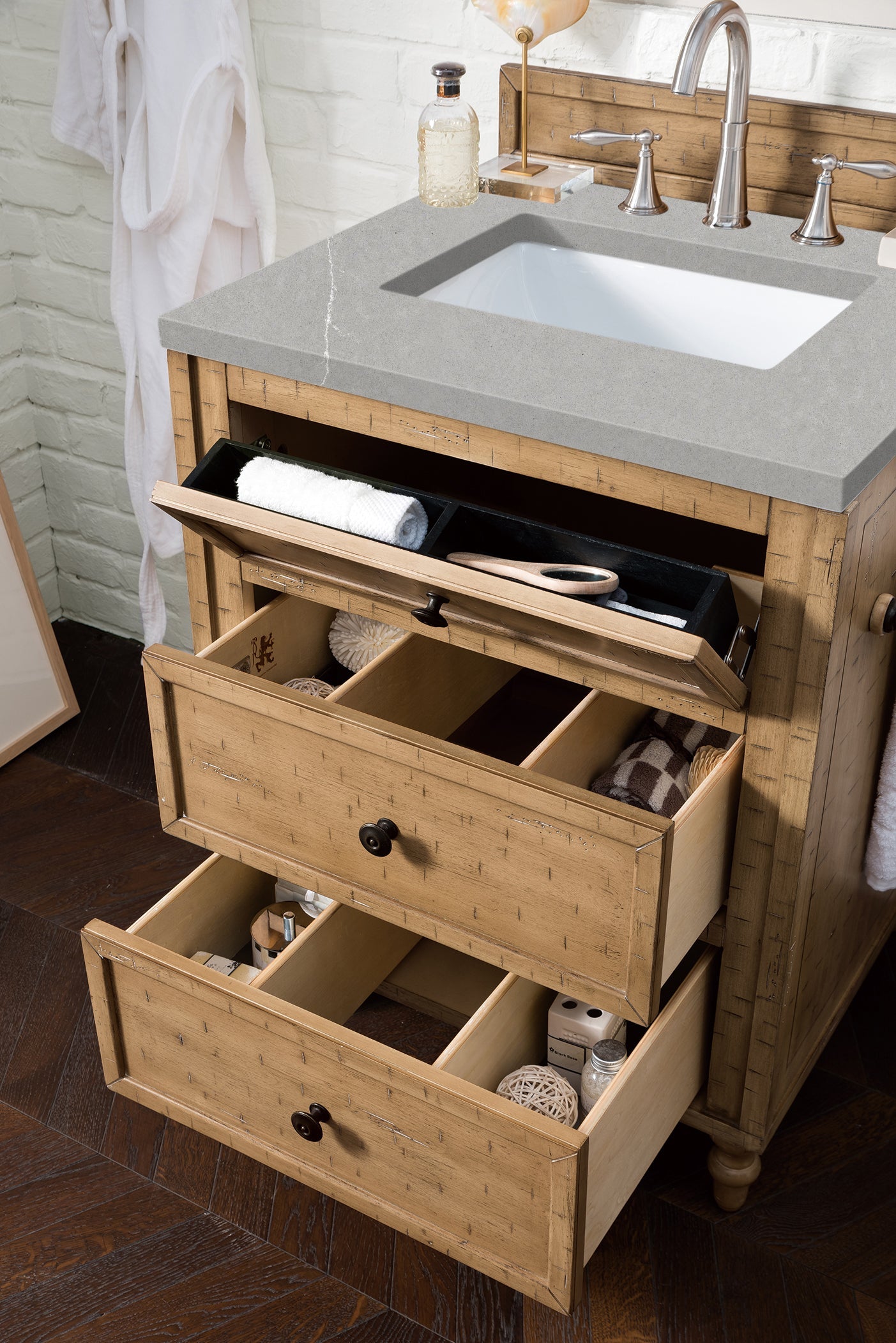Copper Cove 26 Inch Single Bathroom Vanity Cabinet with Driftwood Patina Finish & 3CM Eternal Serena Quartz Countertop - Perfect for Modern Farmhouse, Coastal, or Rustic Bathroom Decor