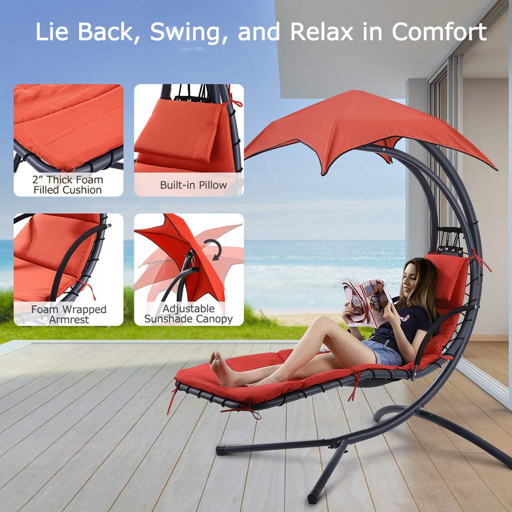 Dkelincs Hanging Egg Chair - Outdoor Swing Chair with Canopy Umbrella & Cushion, Heavy Duty Curved Chaise Lounge for Porch, Patio, Backyard - Perfect for Relaxing, Sunbathing & Reading in Your Garden