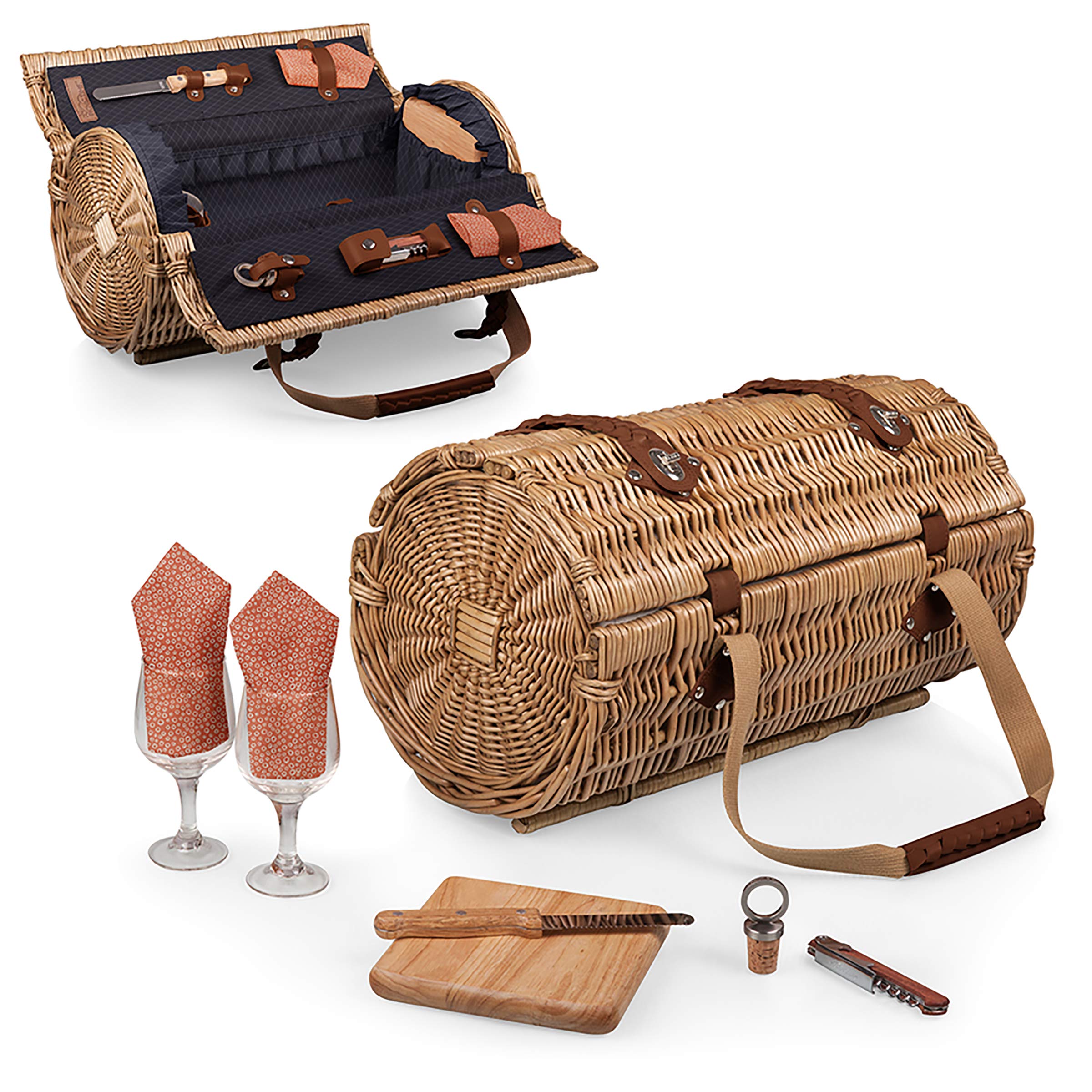 PICNIC TIME Verona Wine & Cheese Picnic Basket - Wicker Wine Tote with Picnic Set (Adeline Collection - Deep Purple Coral Pattern) - Perfect for Outdoor Dates, Beach Picnics & Romantic Getaways