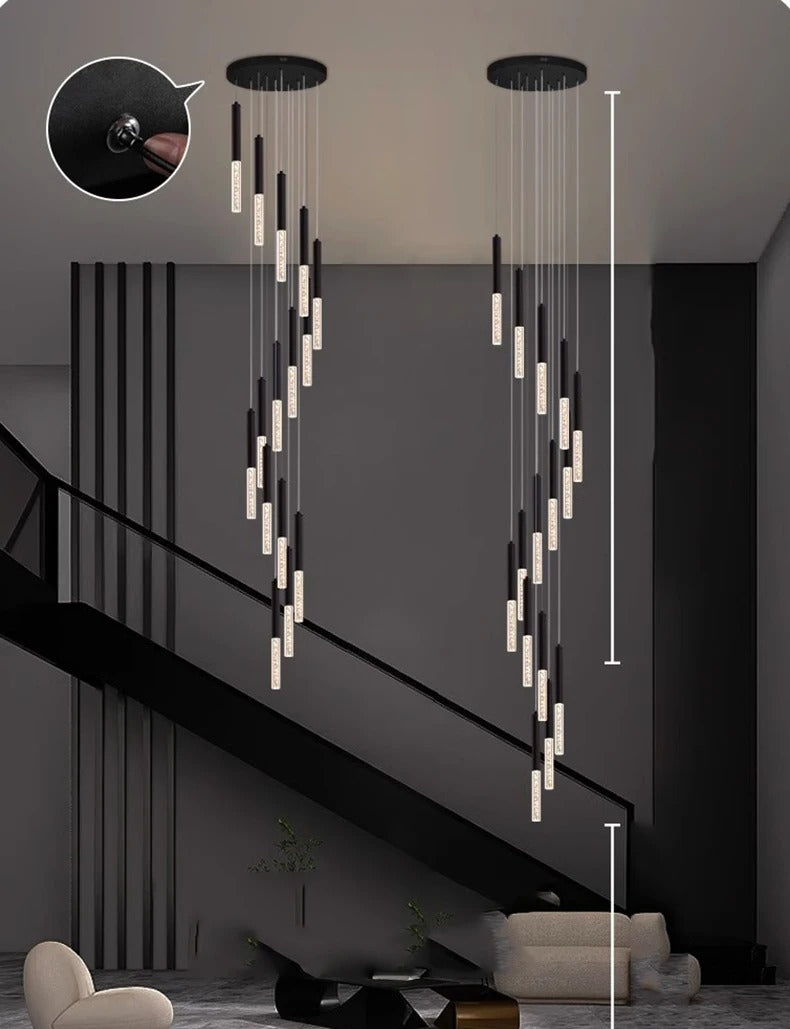 Elegant Crystal Tube Staircase Chandelier - Modern LED Lighting Fixture for Home & Foyer Decor | Perfect for Stairwells, Entryways, and Grand Halls
