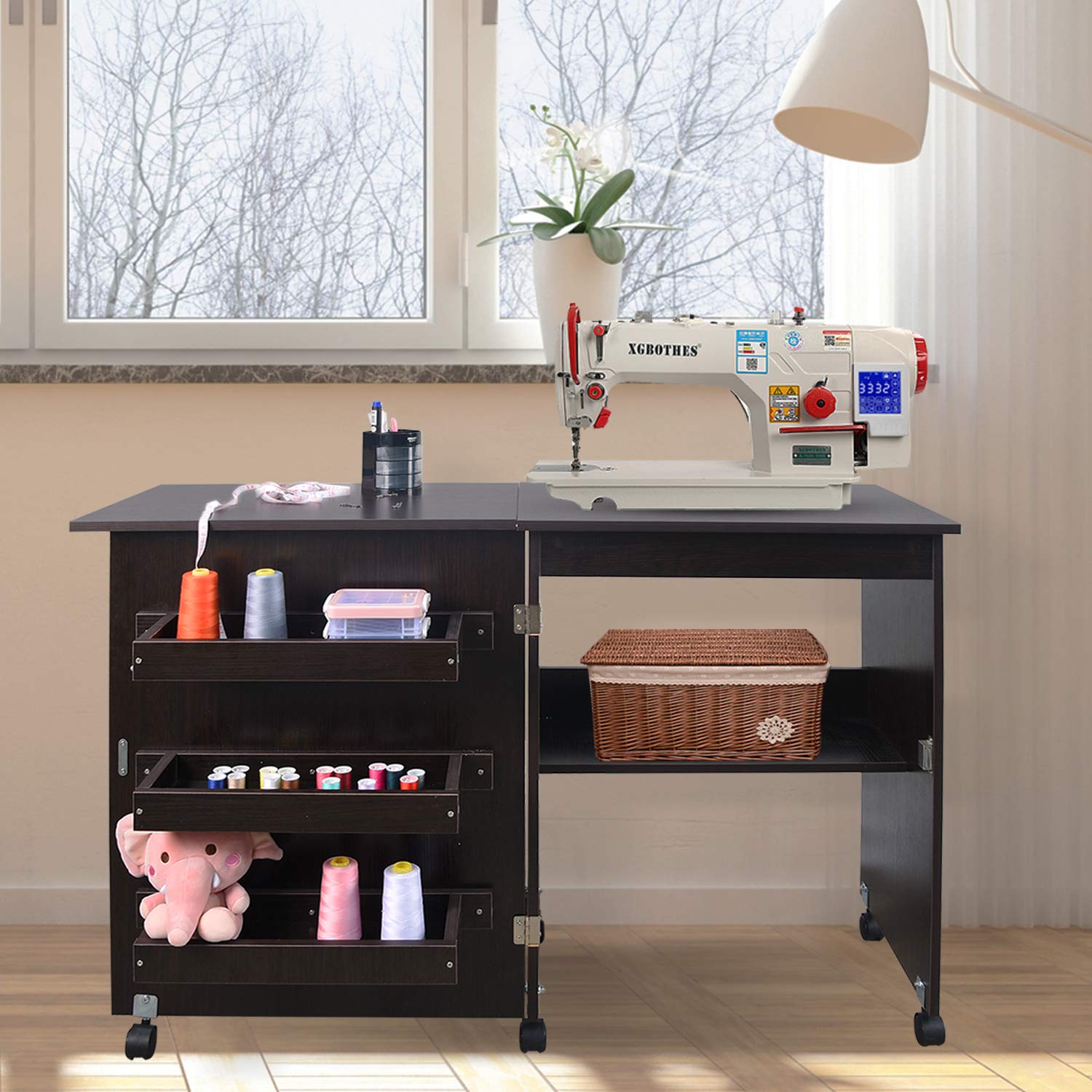Usinso Folding Sewing Table with Storage Shelves - Portable Rolling Sewing Machine Cart, Multifunctional Craft Cabinet & Computer Desk with Lockable Casters (Dark Brown) - Perfect for Home Sewing Projects, Quilting, and DIY Craft Workspaces