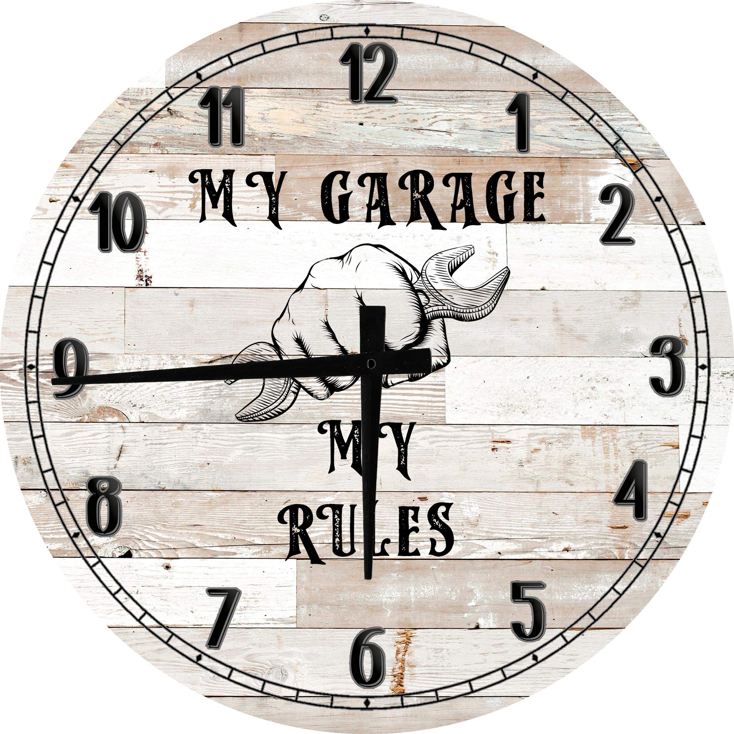Men's My Garage My Rules 24 Inch Large Round Wall Clock - Battery Operated White for Home, Office, or Workshop Decor