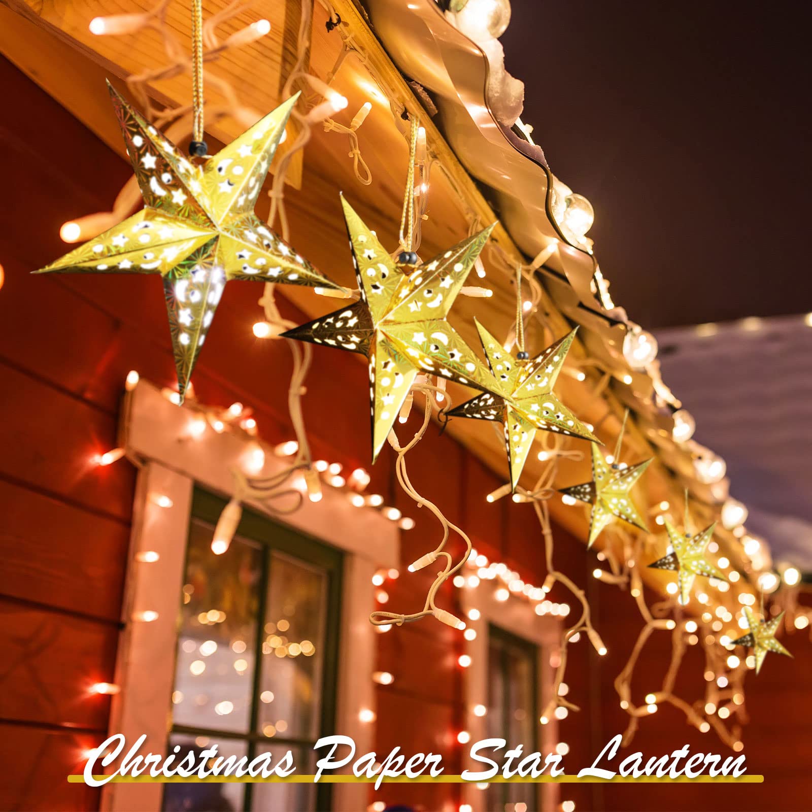 10 Pack 3D Christmas Paper Star Lanterns with LED Lights - Hanging Party Decorations for Xmas, Independence Day, Home, Wedding & Outdoor Events
