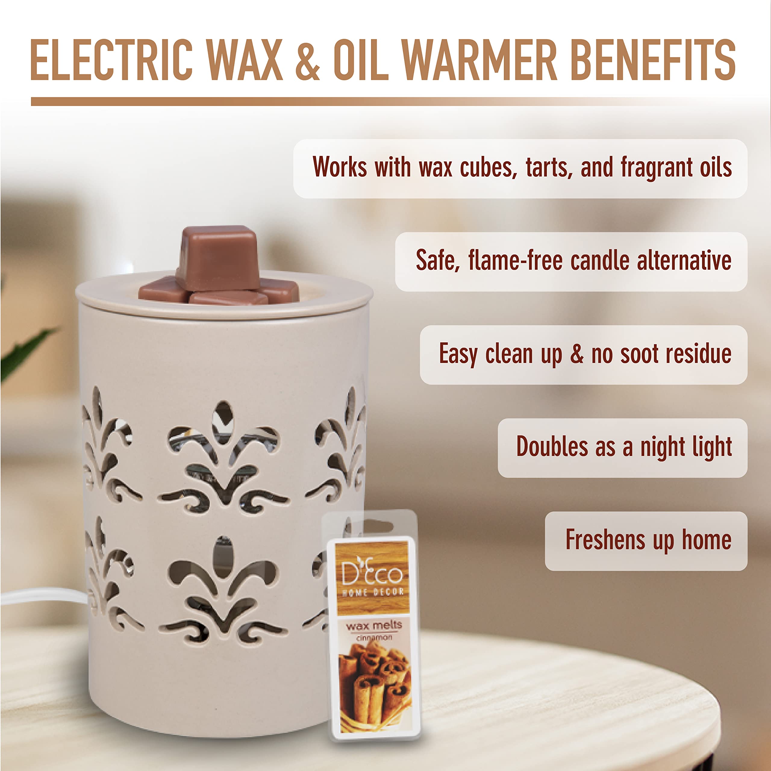D'Eco Electric Wax Melt Warmer - Plug-in Scented Tart & Candle Warmer with 6 Cinnamon Wax Cubes | Halogen Bulb for Home Fragrance | Perfect for Living Room, Bedroom, Office & Gifts (Housewarming, Wedding)