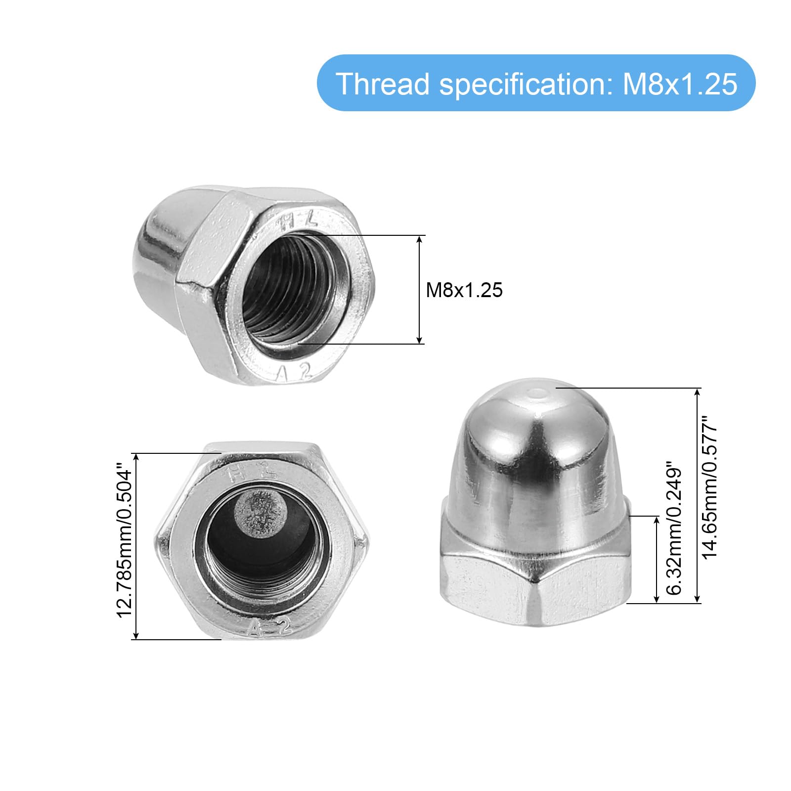 uxcell M8x1.25 Acorn Cap Nuts, 30Pcs 304 Stainless Steel Dome Cap Head Nuts for Bolt Cover - Rustproof Hardware Fasteners for Automotive, Furniture & DIY Projects (Silver Finish)